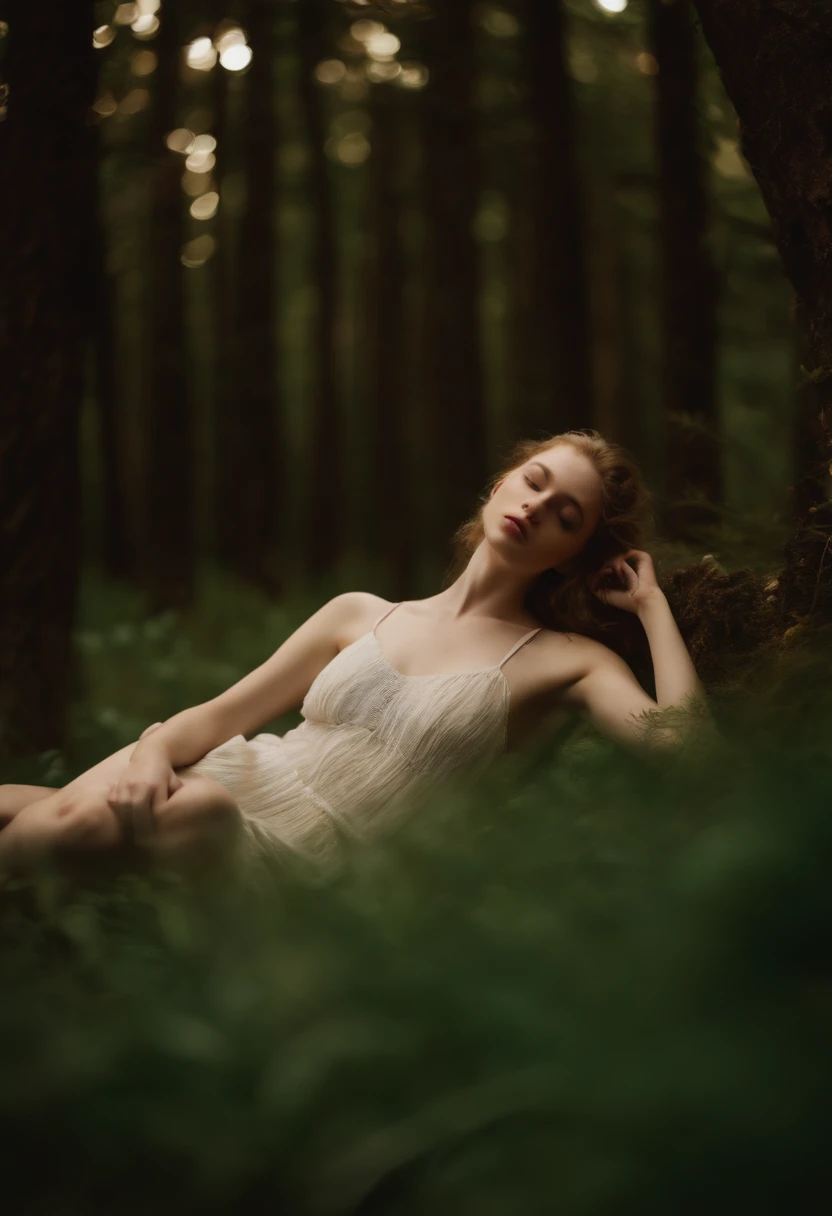 polaroid photo, night photo, photo of y.o beautiful woman, pale skin, bokeh, motion blur, naked skin , pubic hair, lying on back in forest, sunny