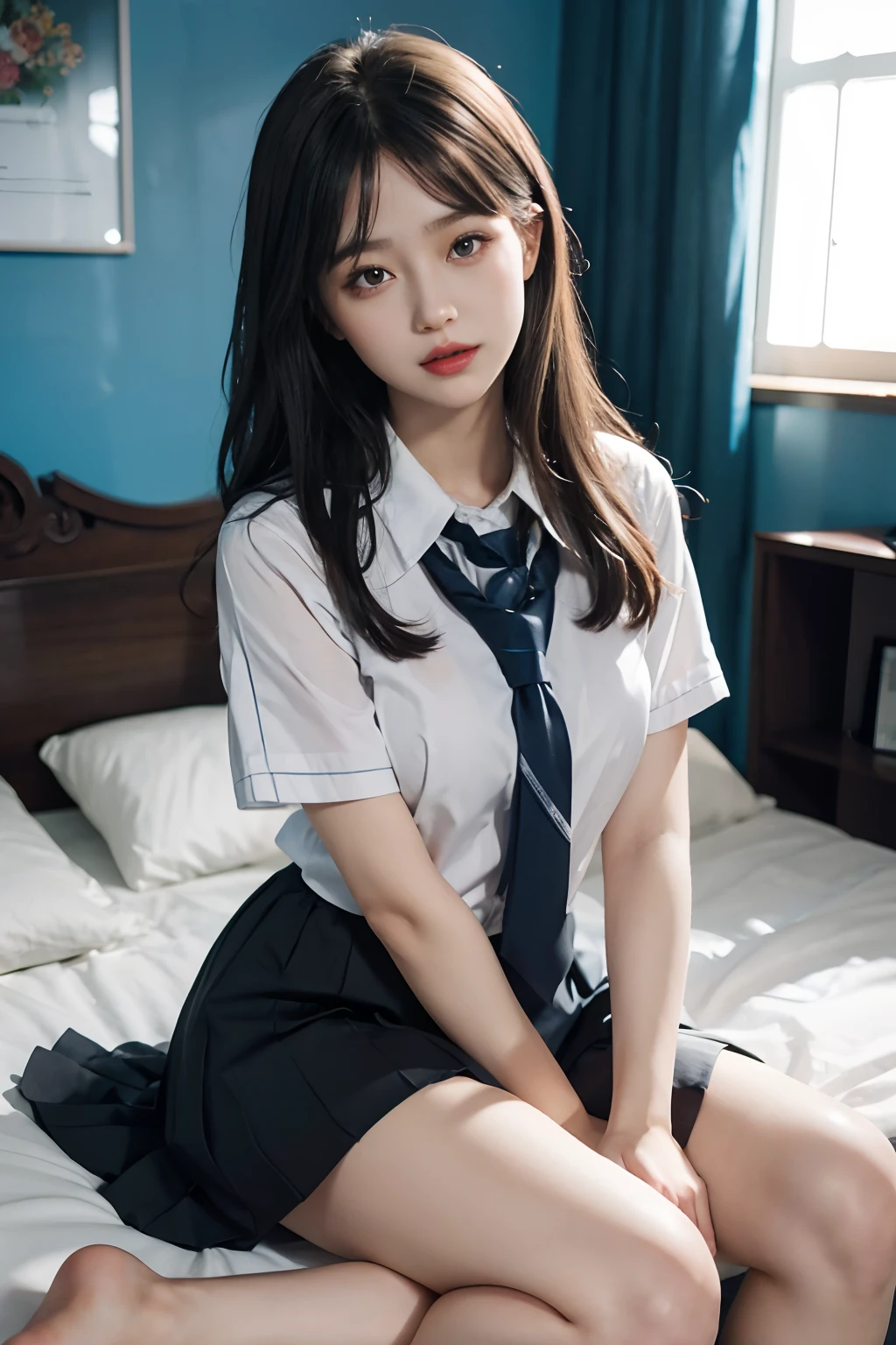 absurdress，Highres，Hyperdetailed），Highres，1girle，PerfectNwsjMajic，sitting on a bed，fulllllbody，looks at the viewer，s mouth open，Open your clothes，Come and kiss，school uniforms，