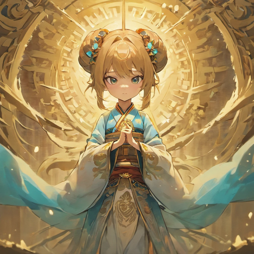 Manjushri,He wears a bun on top of his head,In his right hand, he holds the Vajra Sword,Holding a blue lotus flower in his left hand, Chinese national style,handpainted,Large aperture effect, rendering by octane,octanerender,chibi,c4d、unreality、Digital art with natural light,Best quality at best,Complicated details,very high detail,8k,Delicate,cold shades,sense of layers,in a panoramic view,depth of fields,Lots of intricate details