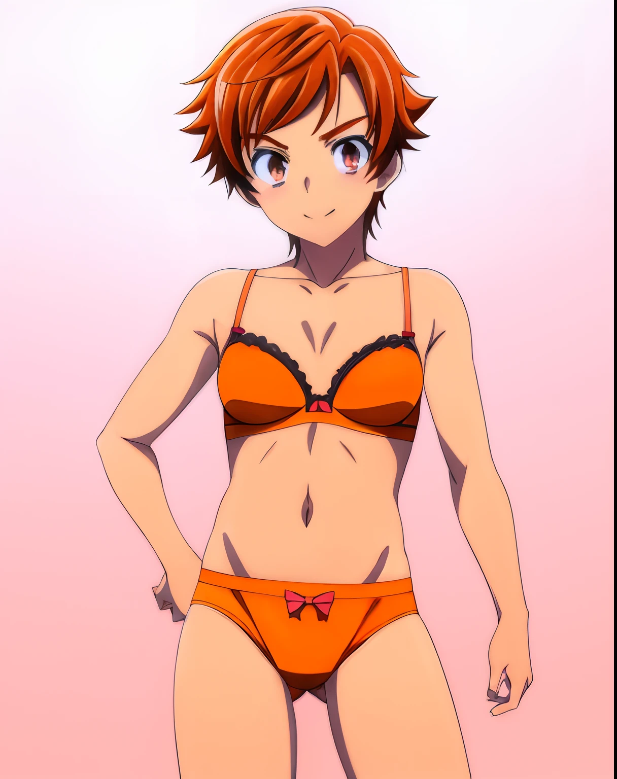 Anime boy in bra with orange bow, aya takano color style, Orange bra, Boy in orange panties, Makoto, Only underwear, garments:bra very, Rin, Anime boy with red short hair, Anime boy with brown eyes, marin kitagawa fanart, male , natsumi mukai artwrok,