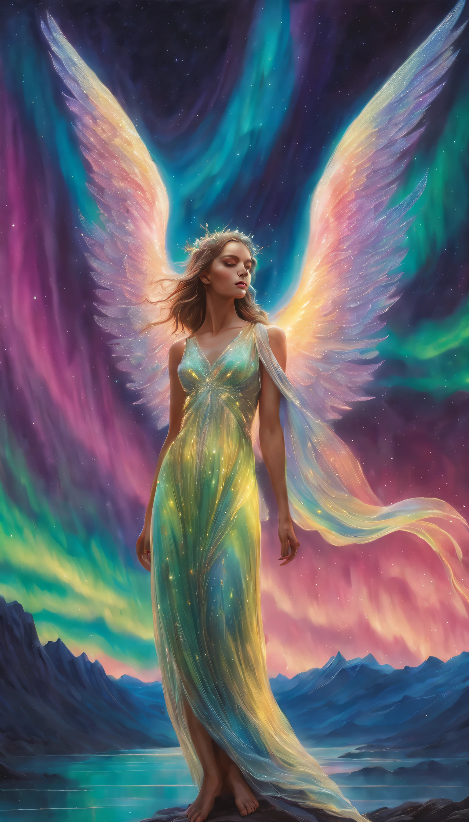 Best quality,Ultra-detailed,(aurora borealis),(Angel image),otherworldly beauty,Night sky,Vibrant colors,luminouslighting,Ethereal atmosphere,Um ser celestial,glittering stars,cosmic energy,Extraordinary artistry,Heavenly creatures,Mythological elements,divine presence,Supernatural powers,Majestic performance,Vivid celestial tones,Engaging creations