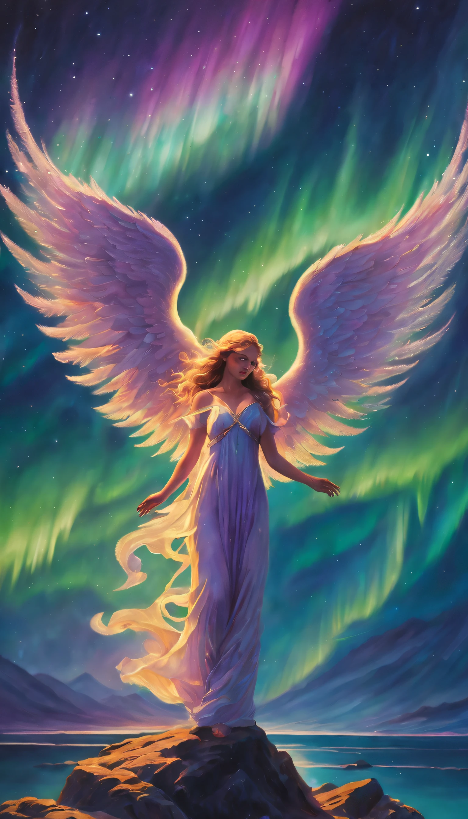Best quality,Ultra-detailed,(aurora borealis),Angel image,otherworldly beauty,Night sky,Vibrant colors,luminouslighting,Ethereal atmosphere,Um ser celestial,glittering stars,cosmic energy,Extraordinary artistry,Heavenly creatures,Mythological elements,divine presence,Supernatural powers,Majestic performance,Vivid celestial tones,Engaging creations