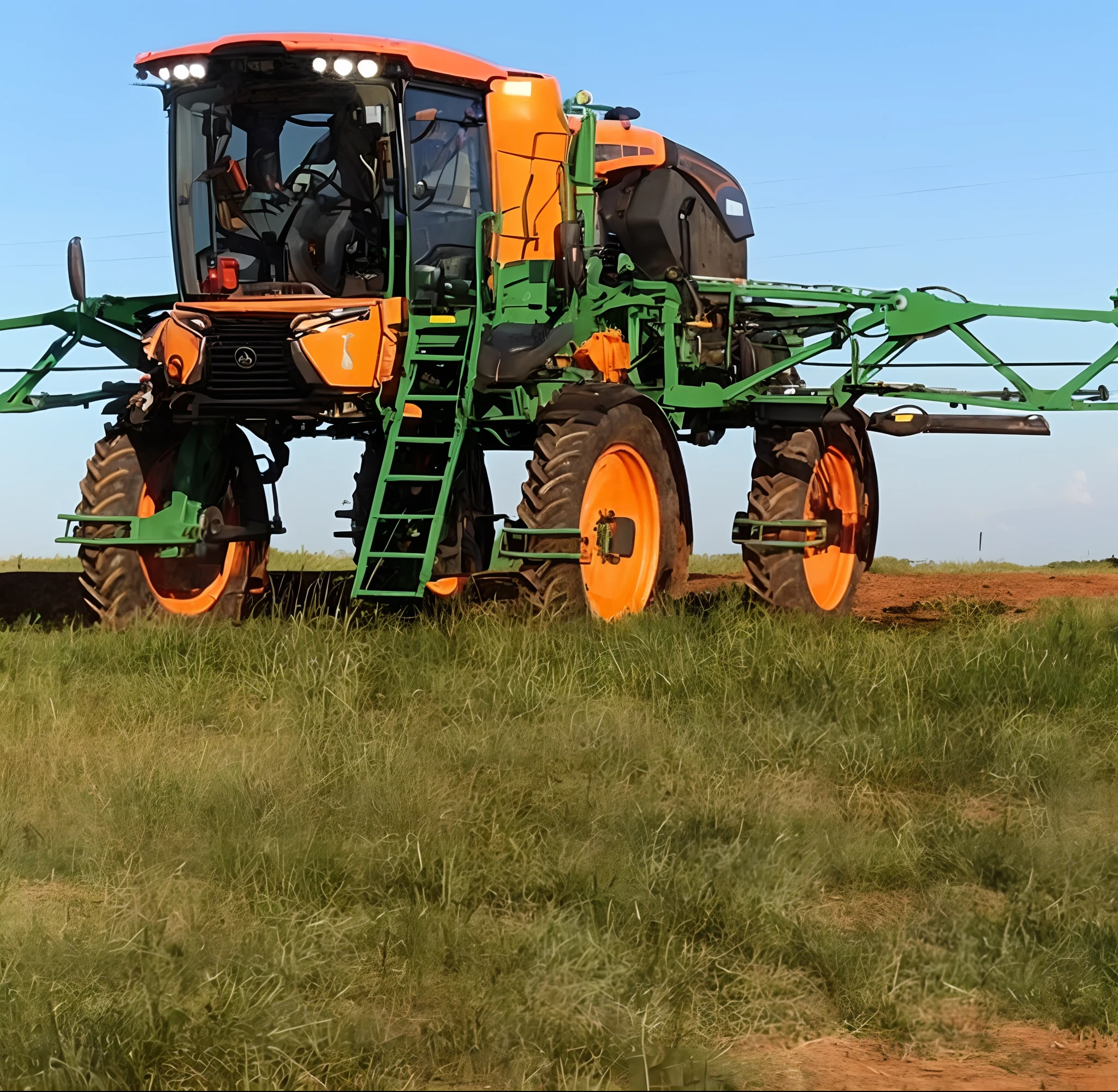 Tractor arafed with a spray in a field with a sky background, 1 6 x 1 6, bottom angle, Directed by: Robert Richenburg, Frente cheia, Foto de perfil, imagem de alta qualidade, uncrop, a long-shot from front, Directed by: Robert Childress, Directed by: Jeffrey Smith, tiro largo longo, Directed by: Robert Zünd, wide long view