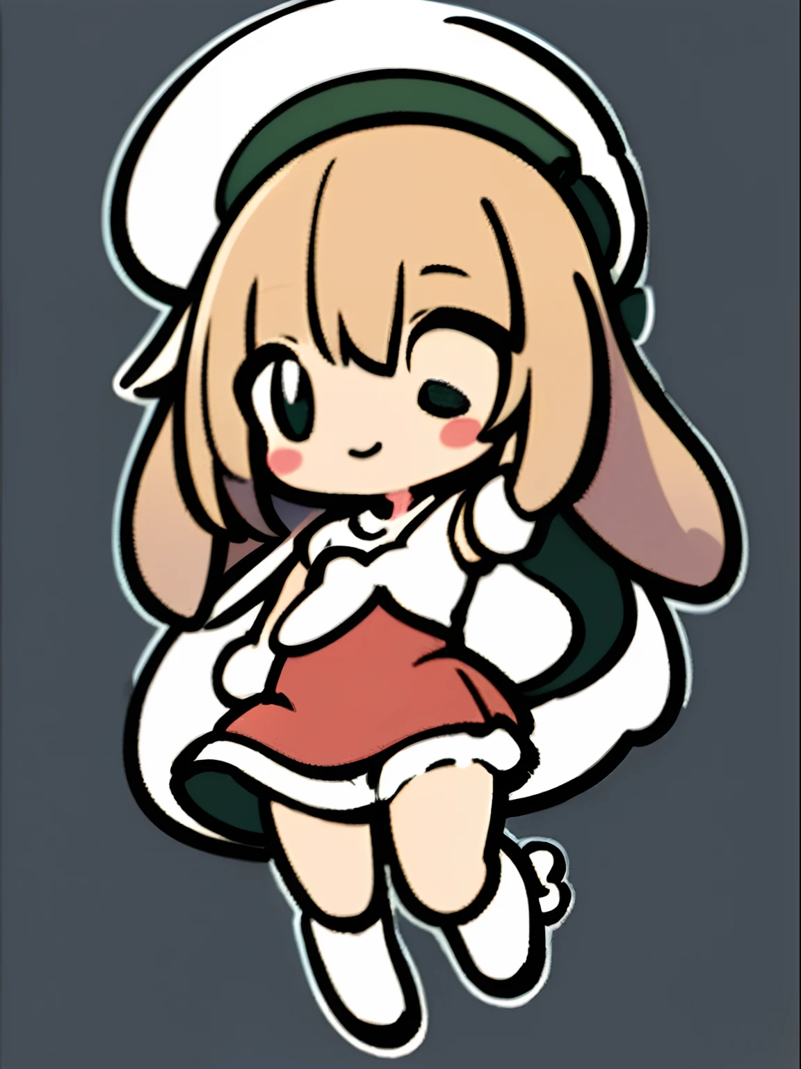 a sticker、top-quality、hight resolution、​masterpiece、8K、Chibi、Silly、1beautiful girl、kawaii、Rabbit ears、Green shorthair、A smile、Santa Claus Costume、She is jumping cutely with her legs up、dynamicposes、Santa Claus hat with rabbit ears、a miniskirt、