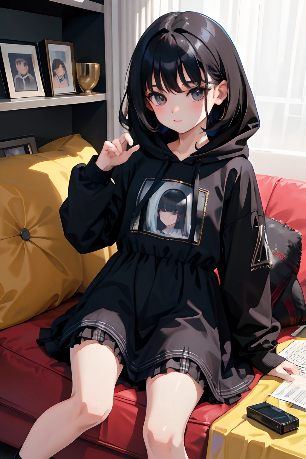 (child),(masterpiece,Highest Quality),Black short-sleeved hoodie,plaid skirts,Lolita clothes,A dark-haired,Spy,stas