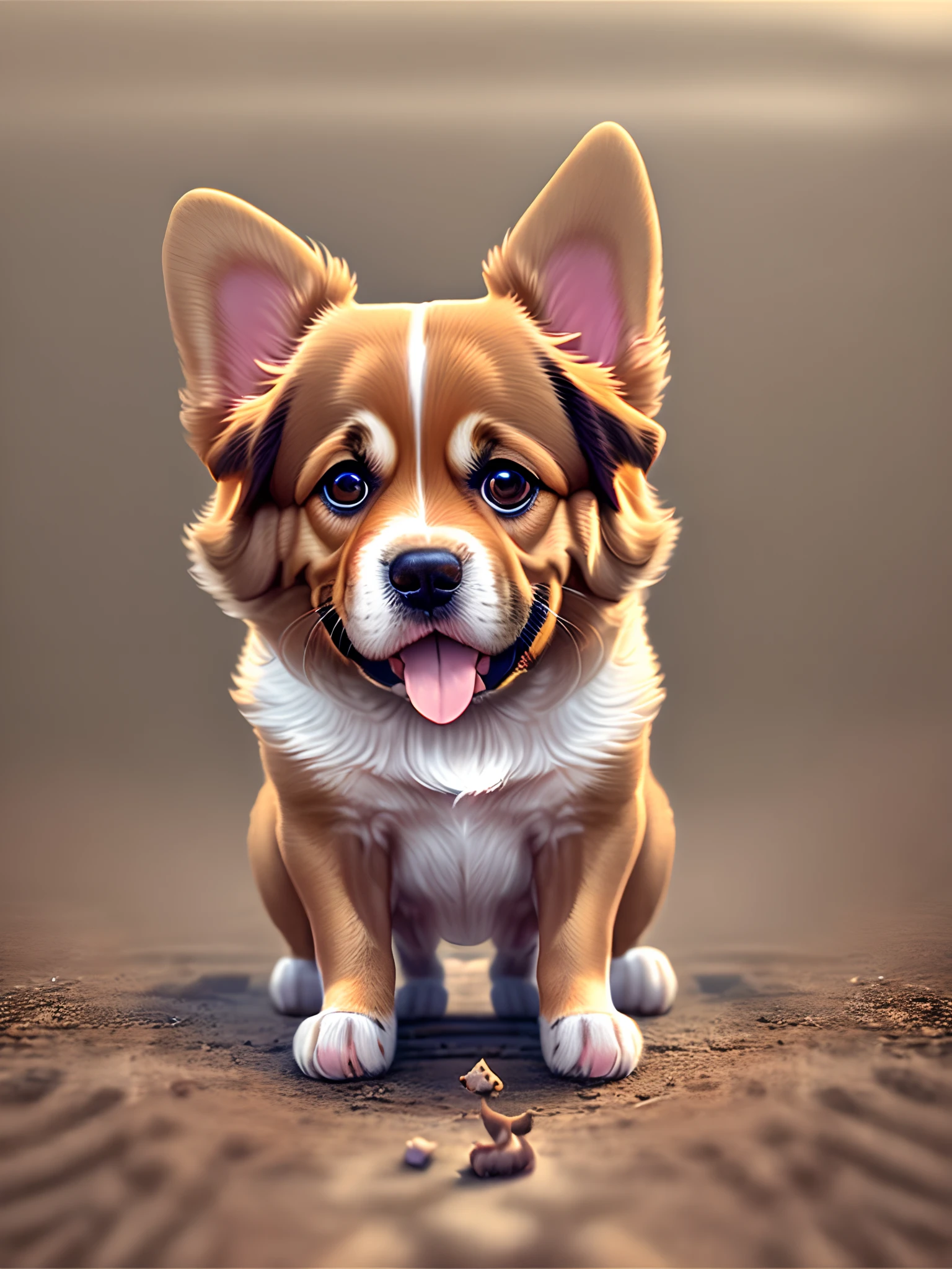 A cute dog is squatting on the ground, looking at a full-body photo with a white background of it sticking out its tongue in front --auto --s2