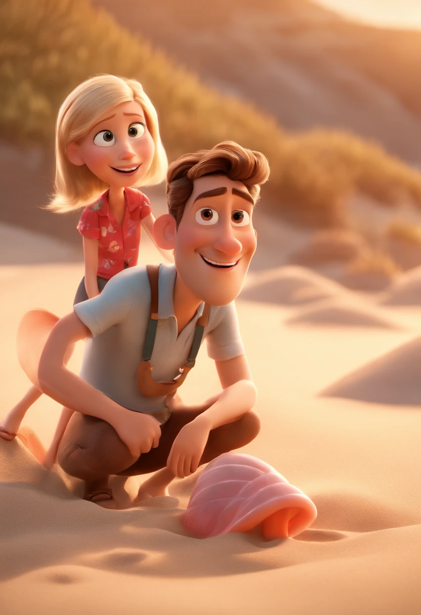 Cartoon-Mann mit braunem Haar und braunem Bart mit einem karierten roten Hemd und einer blonden Frau mit einem Dutt, sie umarmen sich an einem Strand mit Muscheln im Sand, 3D-Animationsfilm, Animationsfilm, Pixar 3D-Animationsstil, Pixar Renderman Rendering, Maya 8 Tausend, Animationsfilm, Disney Pixar 3D-Stil,