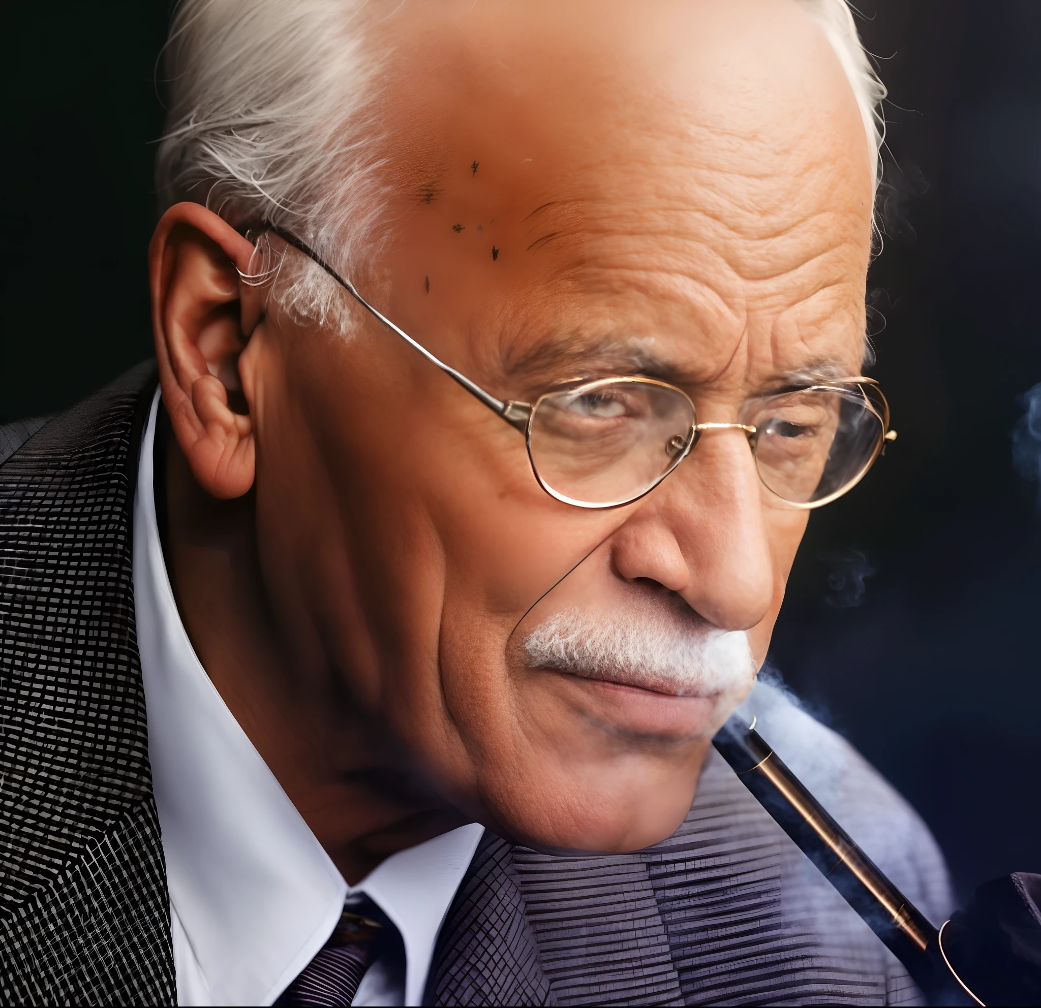 Homem de terno e gravata fumando um cachimbo em um quarto escuro, Carl Gustav Jung, inspirado em Carl Gustav Jung