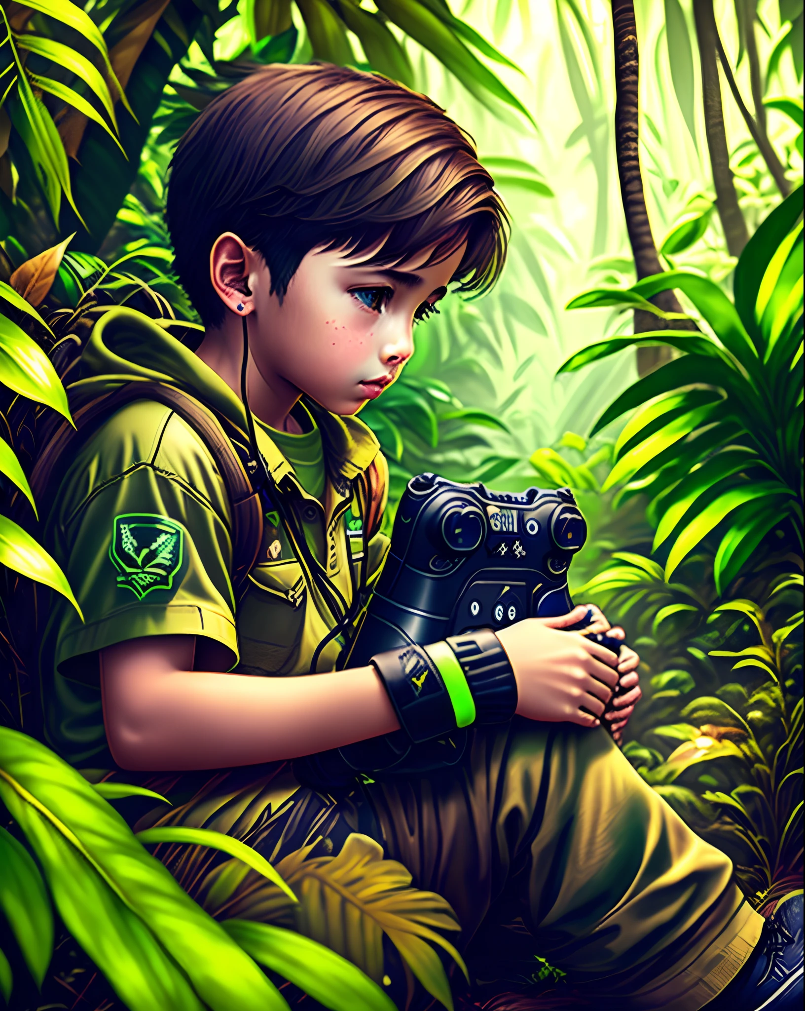 a boy is playing video game in jungle