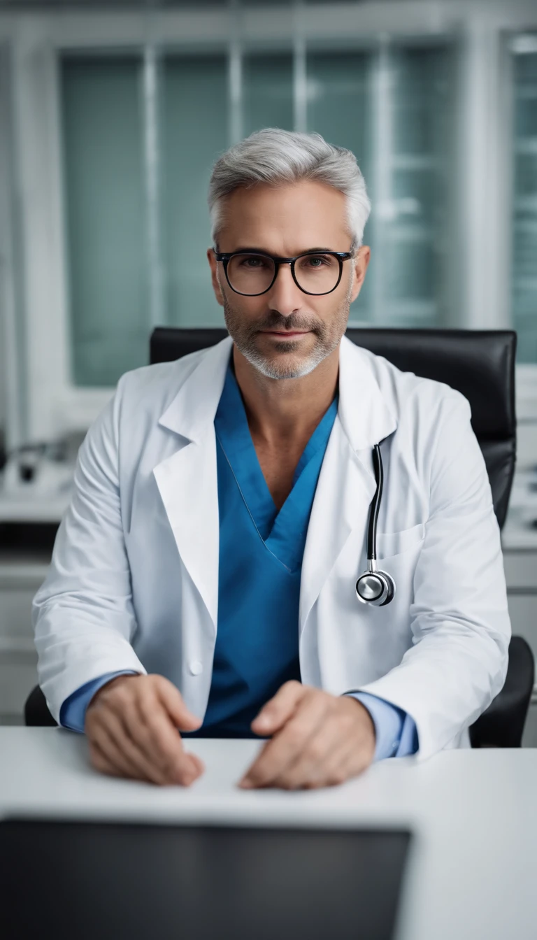 40-year-old man, prescription glasses, gray hair, white coat, stethoscope around his neck, sitting on the chair behind the modern medical table, ready to see a patient, computer and papers on the table, looking straight at the camera