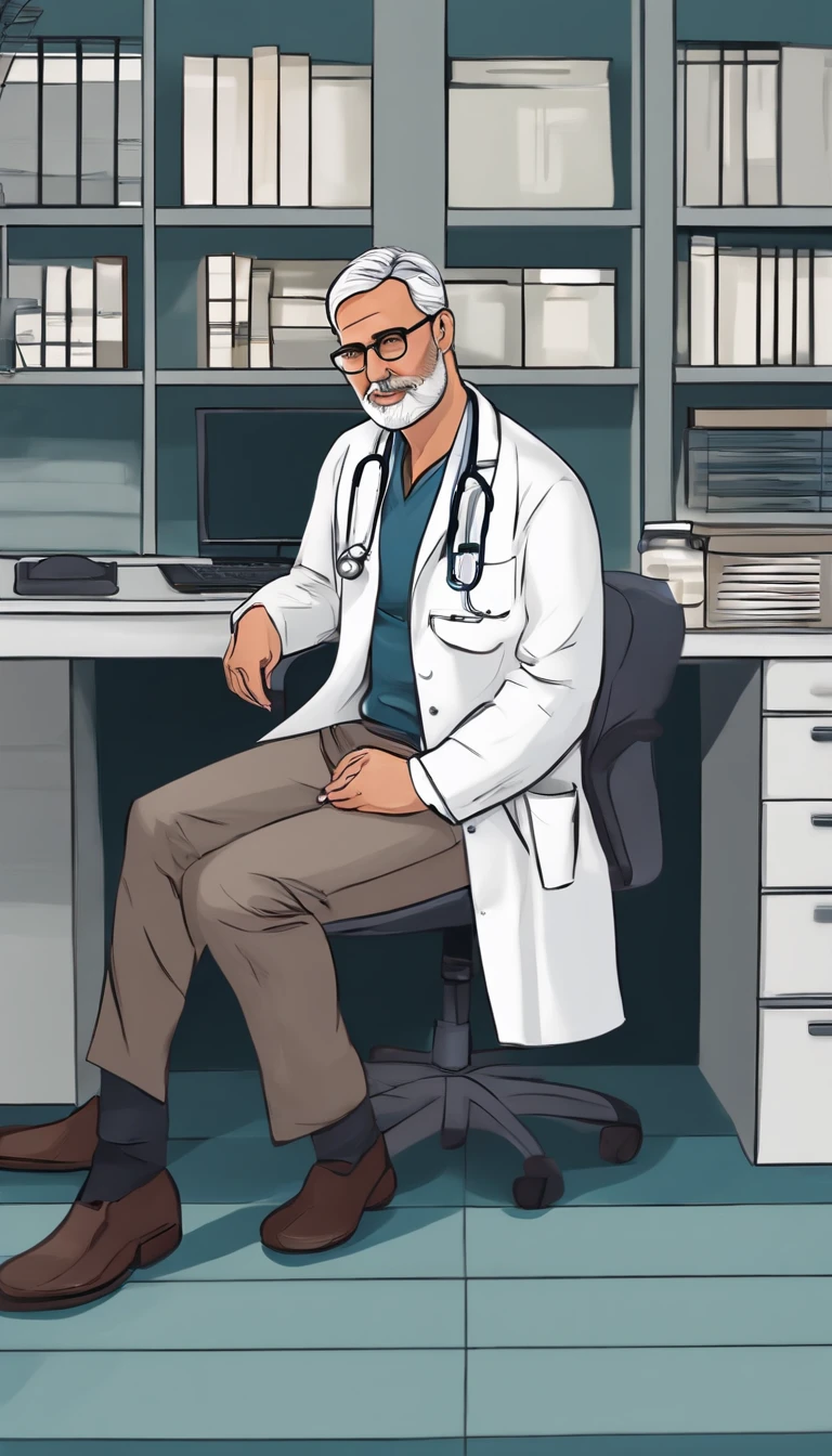 40-year-old man, prescription glasses, gray hair, white coat, stethoscope around his neck, sitting on the chair behind the modern medical table, ready to see a patient, computer and papers on the table, looking straight at the camera