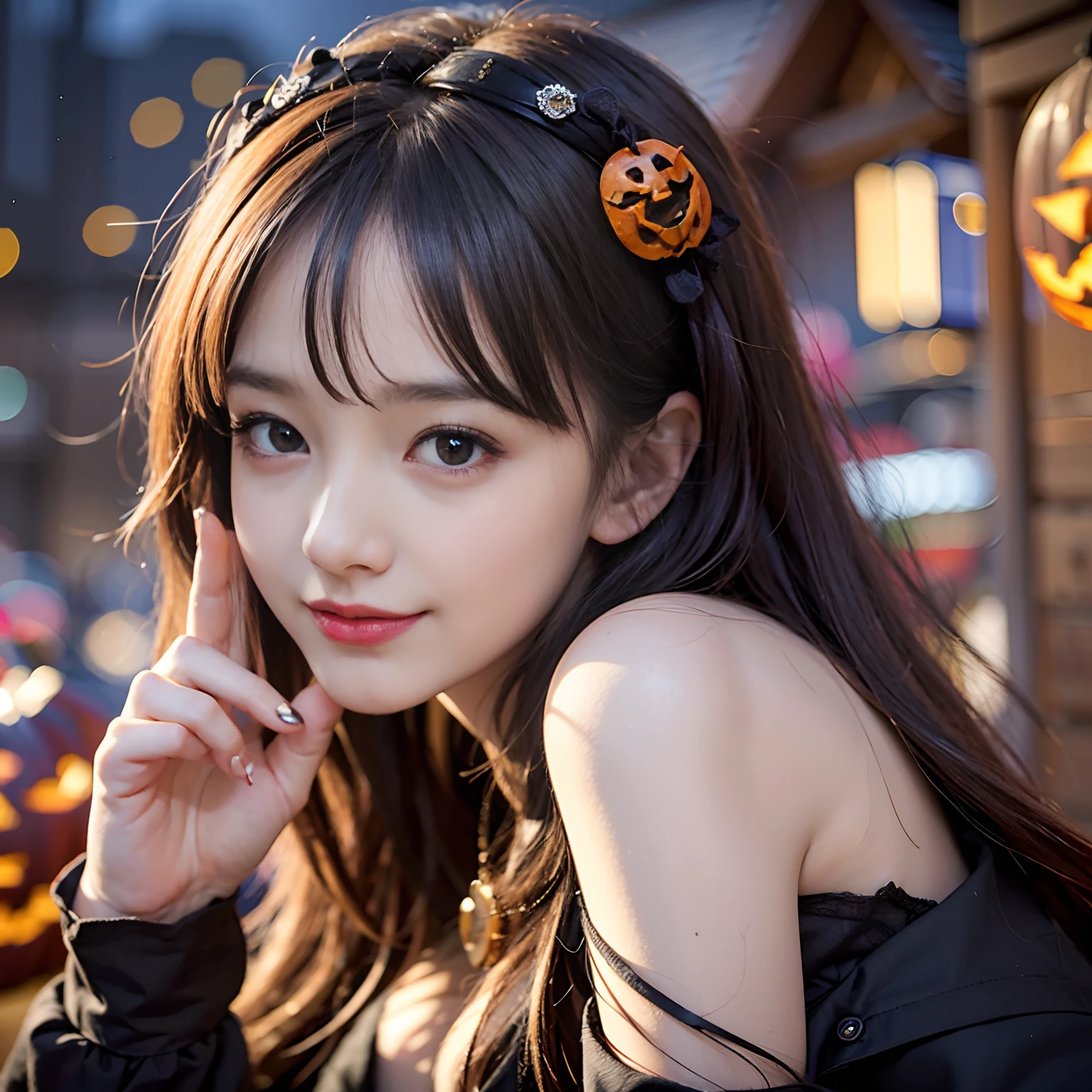 masterpiece、top-quality、ultra-detailliert、Halloween, pumpkins, Long Black Hair, Red Eyes, Smile, Blunt bangs, Ahoge, Night, Pointed ears, Little Devil Horned Head, Moon, Vampire