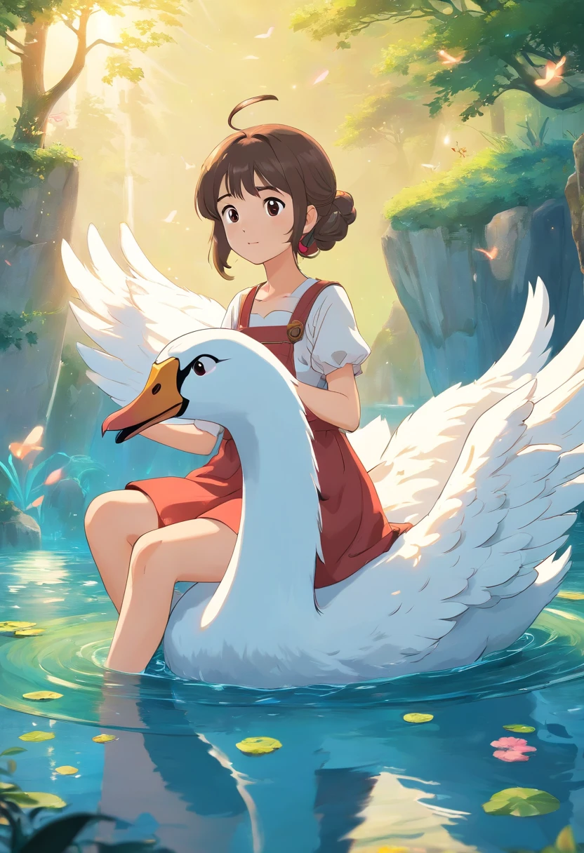 ((Best quality)) , ((Masterpiece)) , (Detailed) , Anime girl sitting on a floating swan,Hold the baby on your lap, Cute detailed digital art, Soft anime illustration, lovely digital painting, adorable digital art, ethereal eel, Cute anime, cute artwork, lovely art style, Anime art wallpaper 8 K, fantasy otter love, serene illustration, adorable glowing creature, Anime art wallpaper 4k, Anime art wallpaper 4K 8K resolution