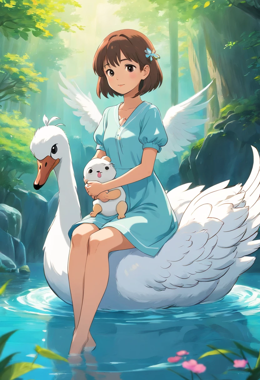 ((Best quality)) , ((Masterpiece)) , (Detailed) ,  Anime girl sitting on a floating swan，Hold the  on your lap, Cute detailed digital art, Soft anime illustration, lovely digital painting, adorable digital art, ethereal eel, Cute anime, cute artwork, lovely art style, Anime art wallpaper 8 K, fantasy otter love, serene illustration, adorable glowing creature, Anime art wallpaper 4k, Anime art wallpaper 4K 8K resolution