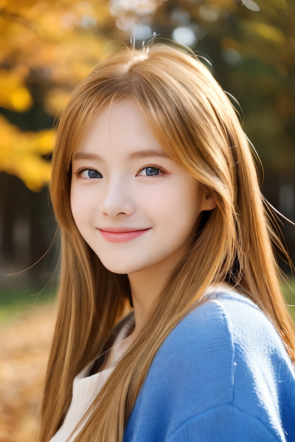 top-quality、masterpiece、(Photorealsitic:1.4)、1girl in、smile eyes、(ulzzang -6500-v1.1:1.0)、Golden hair、blue eyess、18year old、Beautuful Women、女優、Autumn clothes、