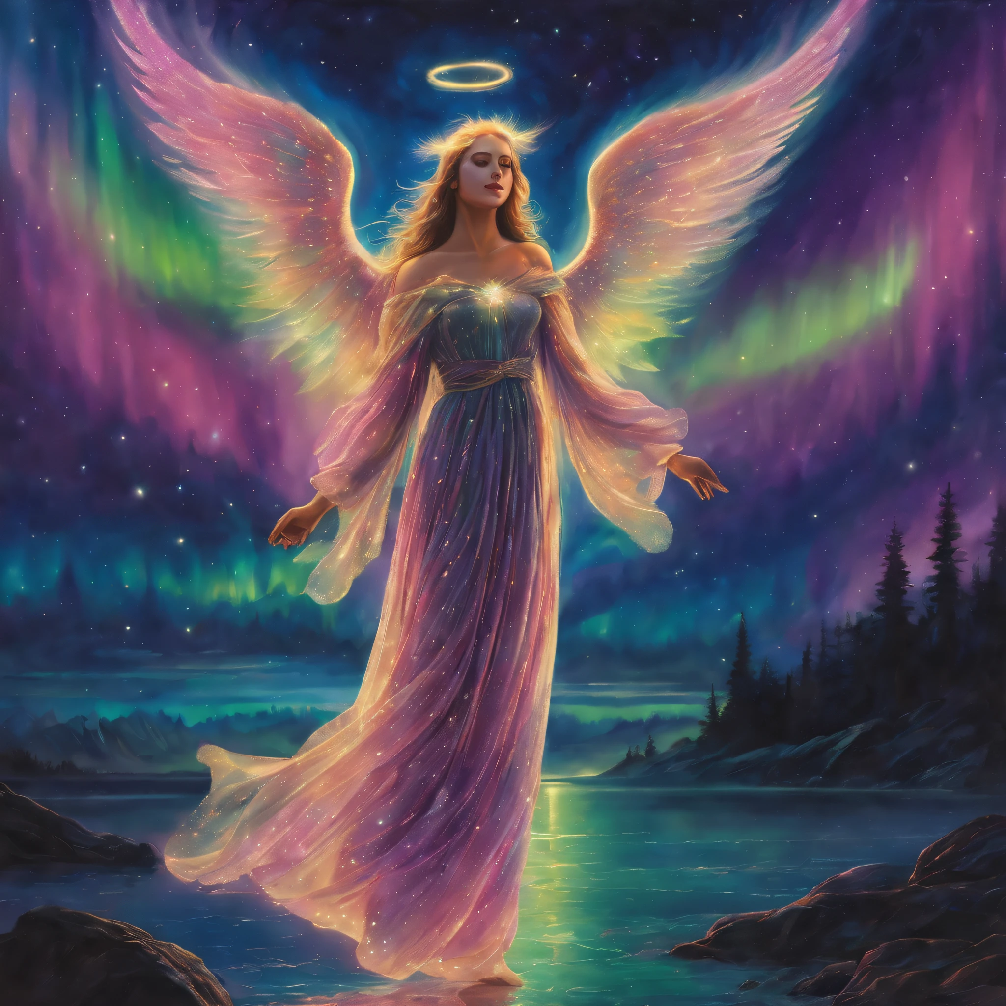 Best quality,Ultra-detailed,(aurora borealis),Angel image,otherworldly beauty,Night sky,Vibrant colors,luminouslighting,Ethereal atmosphere,Um ser celestial,glittering stars,cosmic energy,Extraordinary artistry,Heavenly creatures,Mythological elements,divine presence,Supernatural powers,Majestic performance,Vivid celestial tones,Engaging creations