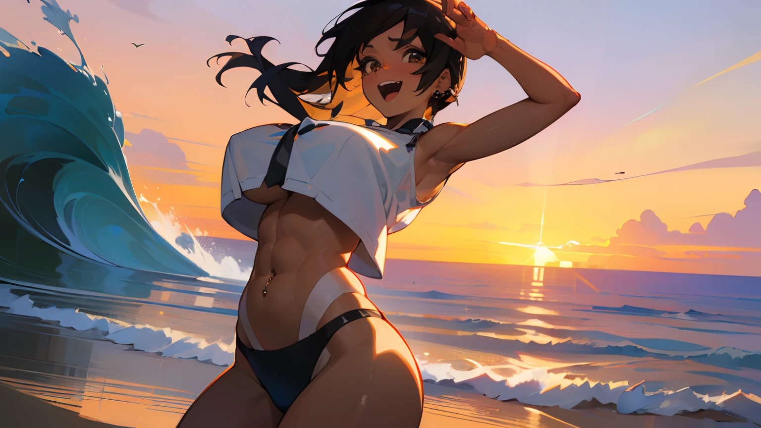 ((top-quality、8K,masterpiece:1.3))、foco nítido:1.2、(Beautiful woman with perfect body shape:1.4),A slight smil,silber hair、 (abdominals:1.2),((huge-breasted:1.4))、(Back stance:1.3),(White shirt:1.1)、(piercings:1.3)、wine bottle、Beautiful sunset beach、Highly detailed facial and skin texture、A detailed eye、二重まぶた、(Huge breasts:1.3),(Big ass),(thick thight:1.3),Open mouth and happy smile,(Brown skin tone:1.4),(skin tanned:1.4)、5Fingered hand、Perfect light、Climax face and ecstatic face,,Beautiful and sparkling sea、Very beautiful sky、Wave rupture、Illuminated sea
