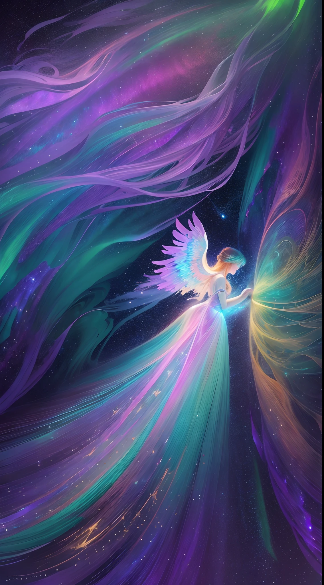 Best quality,Ultra-detailed,(aurora borealis),(Angel image),otherworldly beauty,Night sky,Vibrant colors,luminouslighting,Ethereal atmosphere,Um ser celestial,glittering stars,cosmic energy,Extraordinary artistry,Heavenly creatures,Mythological elements,divine presence,Supernatural powers,Majestic performance,Vivid celestial tones,Engaging creations
