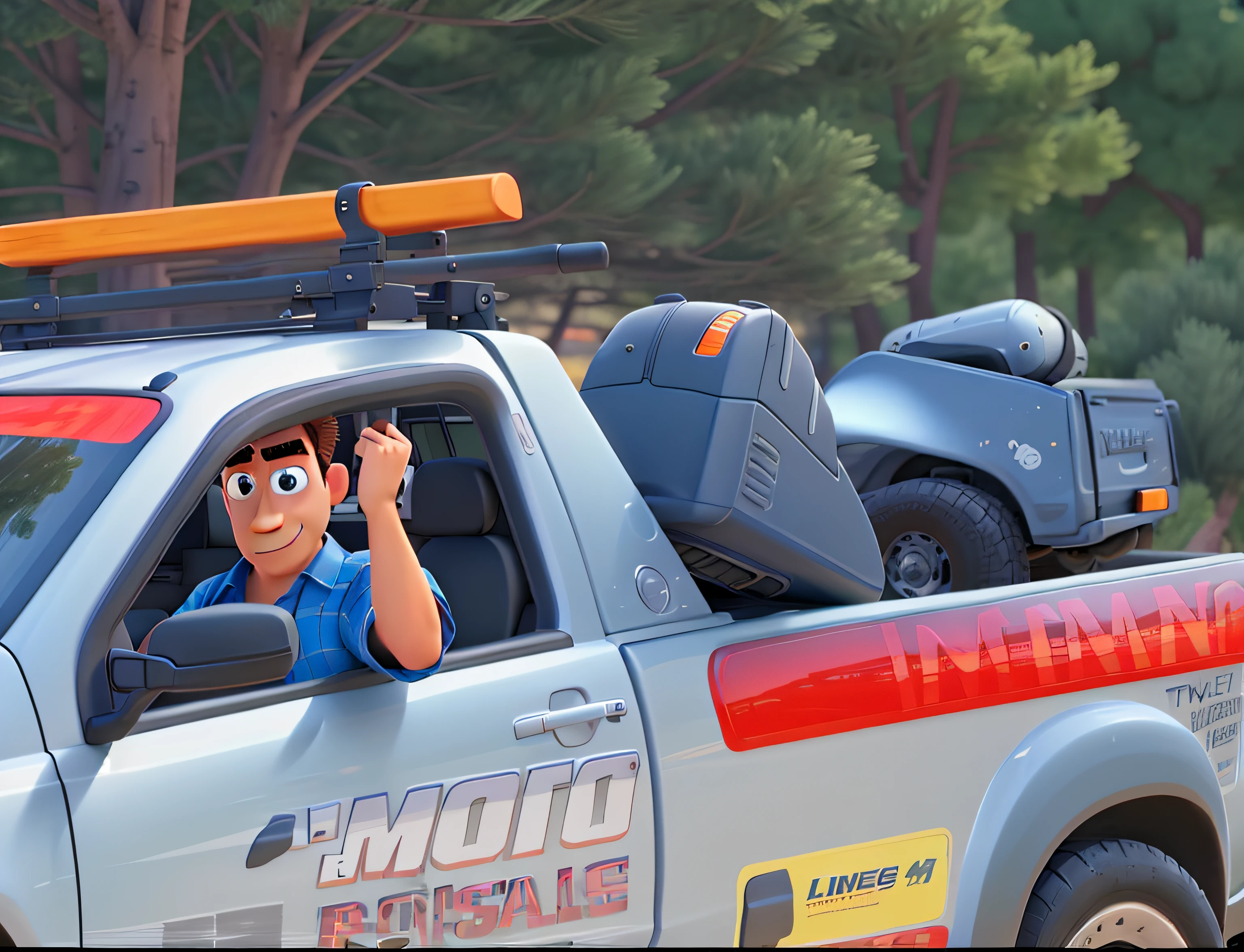 A man in a pickup truck with a motorcycle in the back, Pixar style.
