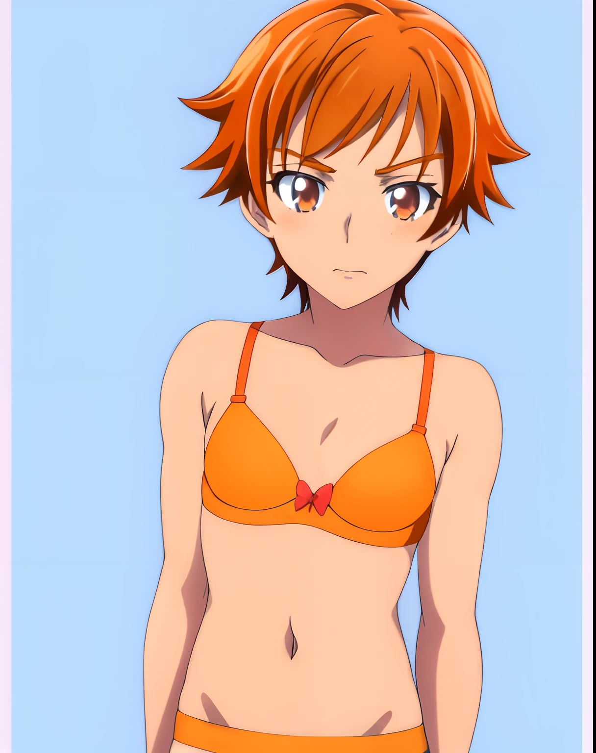 Anime boy in bra with orange bow, aya takano color style, Orange bra, Boy in orange panties, Makoto, Only underwear, garments:bra very, Rin, Anime boy with red short hair, Anime boy with brown eyes, marin kitagawa fanart, male , natsumi mukai artwrok,