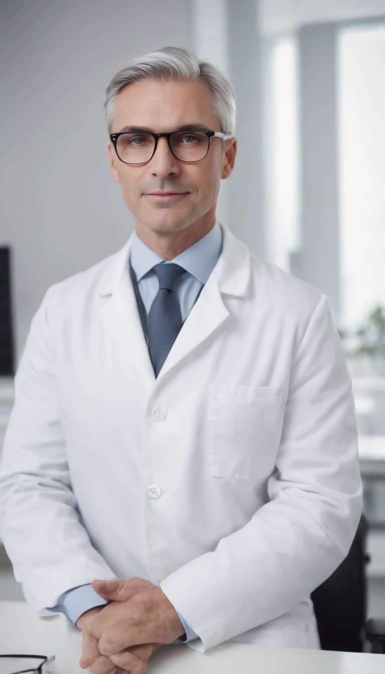 40-year-old man, prescription glasses, gray hair, white coat, stethoscope around his neck, sitting on the chair behind the modern medical table, ready to see a patient, computer and papers on the table, looking straight at the camera