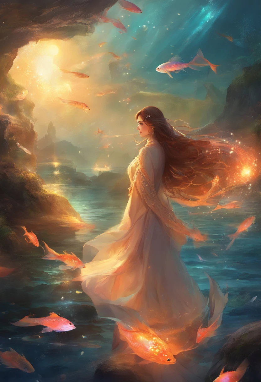 In the sea at night、Countless glowing fish pass around the girl。You can see a dazzling light ahead of you