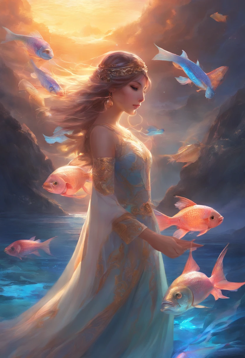 In the sea at night、Countless glowing fish pass around the girl。You can see a dazzling light ahead of you