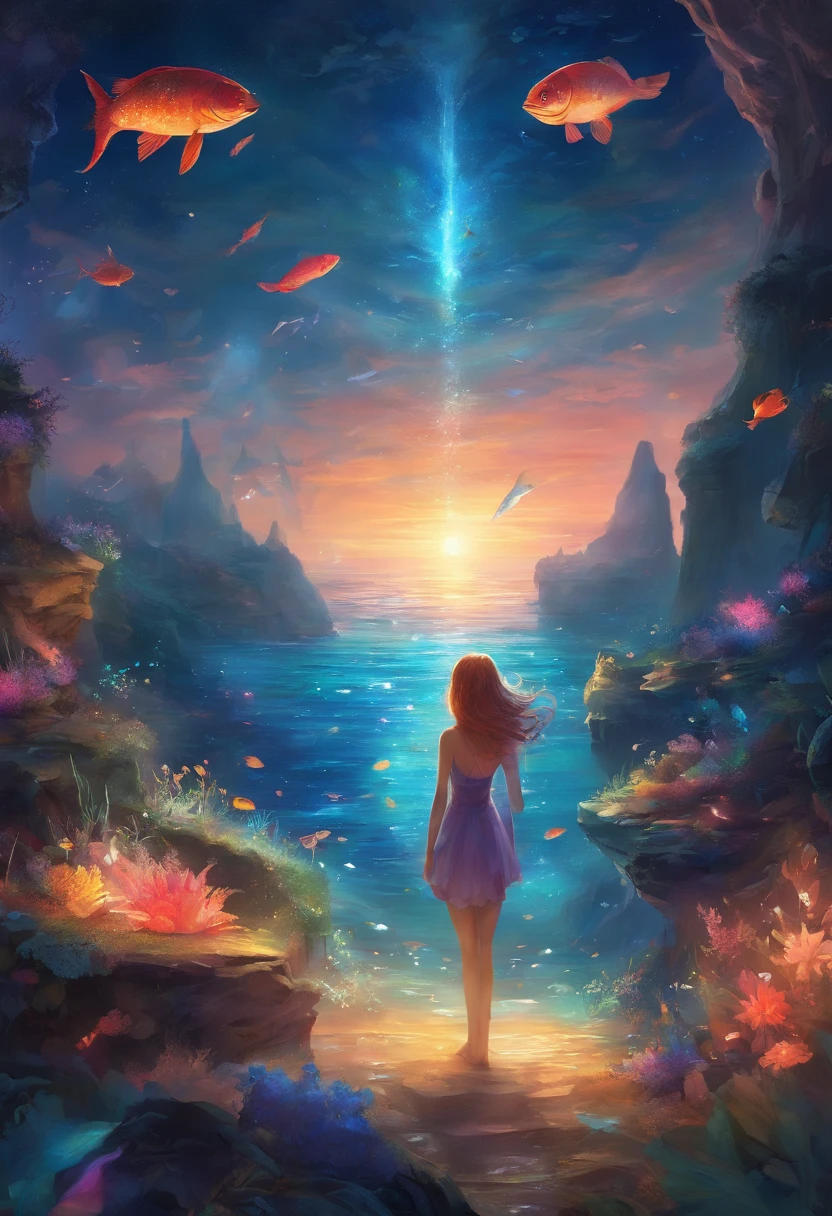 In the sea at night、Countless glowing fish pass around the girl。You can see a dazzling light ahead of you