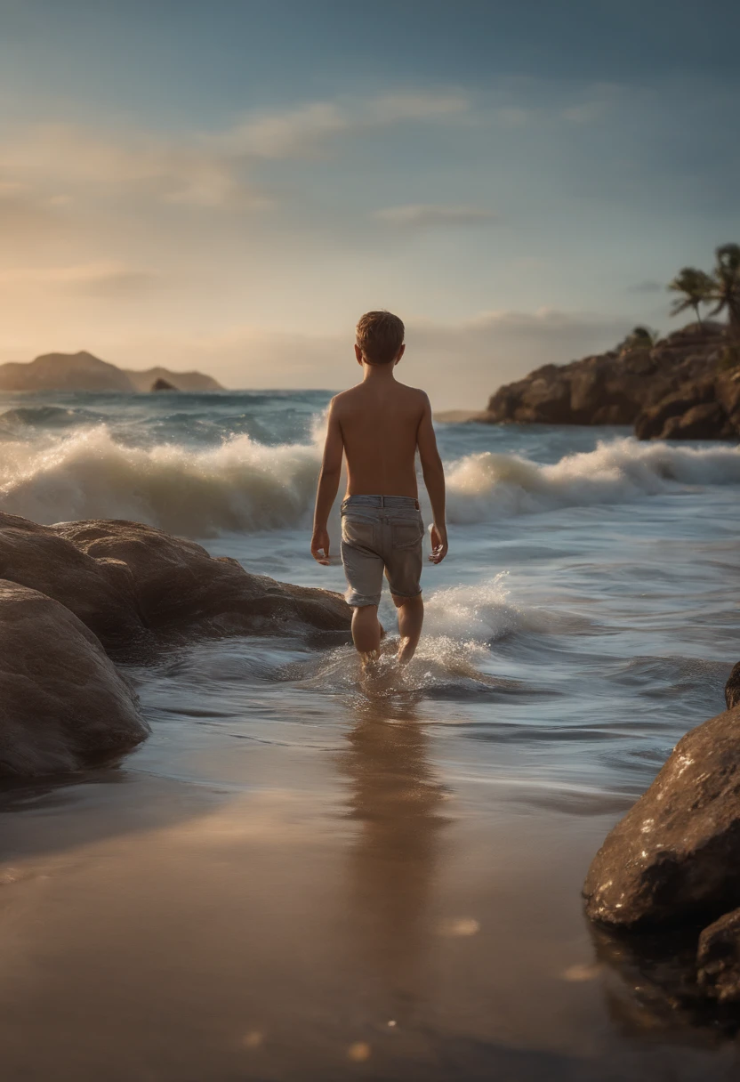 qualidade de imagem do filme,Disney Animation Style,A boy swims in the sea with a koi in his arms,cabelo curto e detalhado,Denim suspenders,Bare feet,profundidade de campos,Luz alta,luz real,Traching de raias,oc renderizado,hyper-realistic,melhor qualidade,8k,Obras de mestres,super-fino,pelos pubianos detalhados,anatomia correta,sharp focus on eyes,Bokeh,Facial features are carefully described