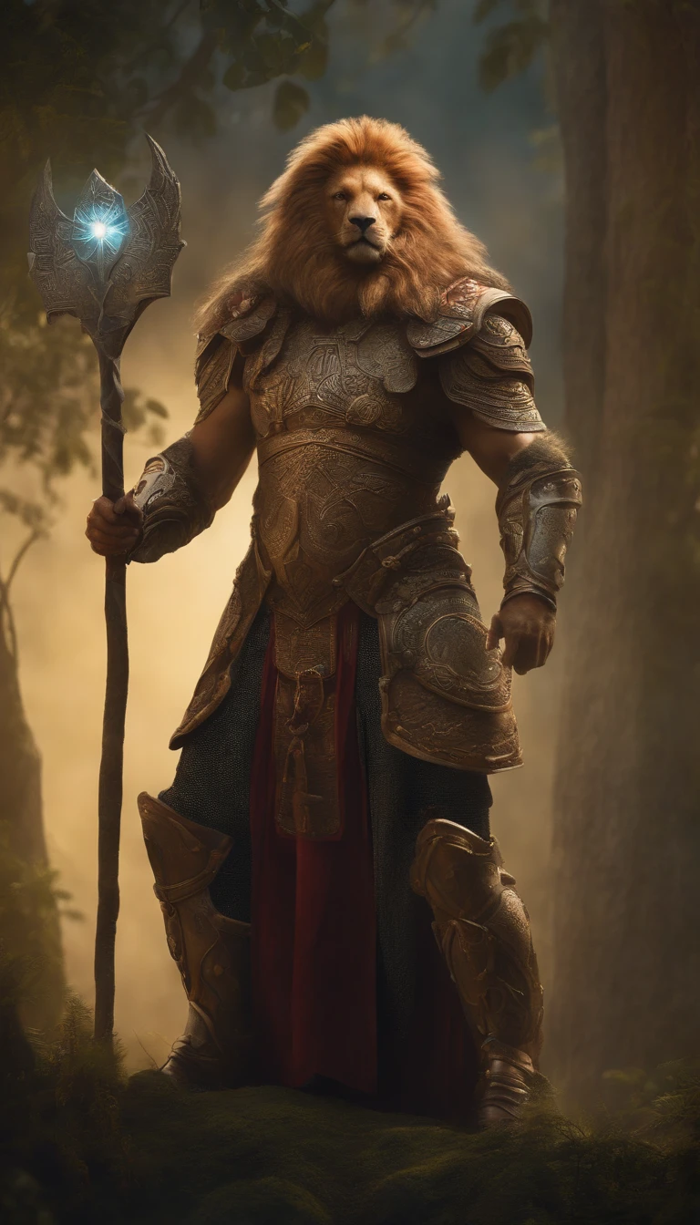 Lion Druid, anthropomorficfic, armadura ornamentada alta, Pelo Fofo, nevoento, tempestuoso, 70mm, cinemactic, altamente detalhado, urso tamanho real, Standing, com uma aljava, magic lights, magical aura, luzes fortes, high ilumination