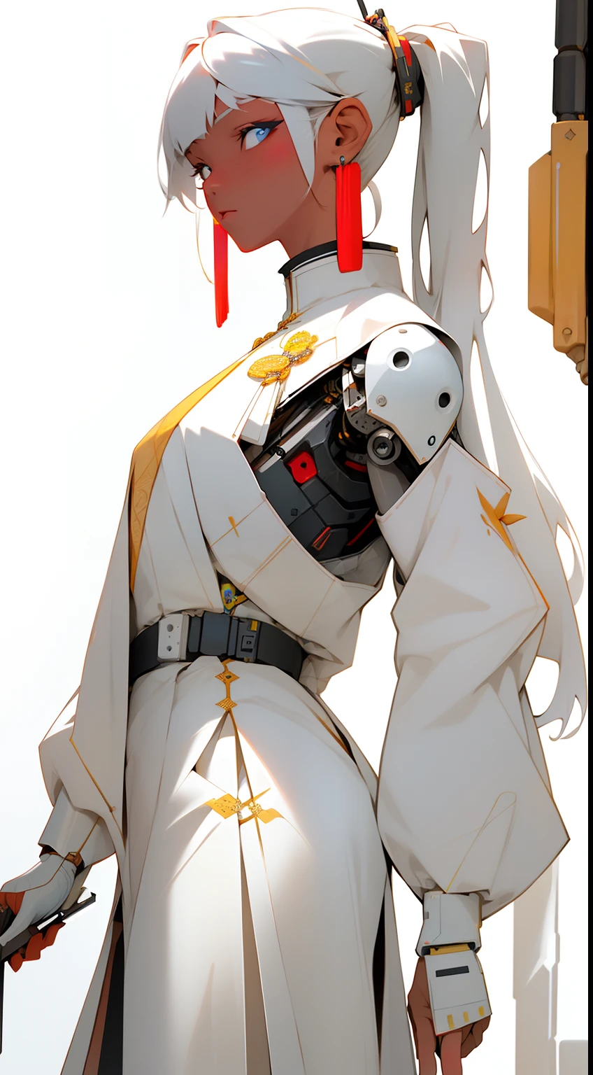 (Masterpiece, Top Quality, Best Quality), ((Cyberpunk Style, Robotic Arm, Hololo, Surreal Science Fiction Art, Future Science Fiction Aesthetics)), (1 Girl Solo), Close Up, (Resolute Eyes), (Ancient Chinese Clothes, White Robe, Embroidered Collar Uesugi, White Big Sleeve Shirt, Streamers), (Hairpin, Long Black Hair, Weapons), (Hanfu), (Clear Facial Features, Detailed Skin Texture, Beautiful Face), White Background, Earrings, Yellow Skin, Standing, (((flat color))),