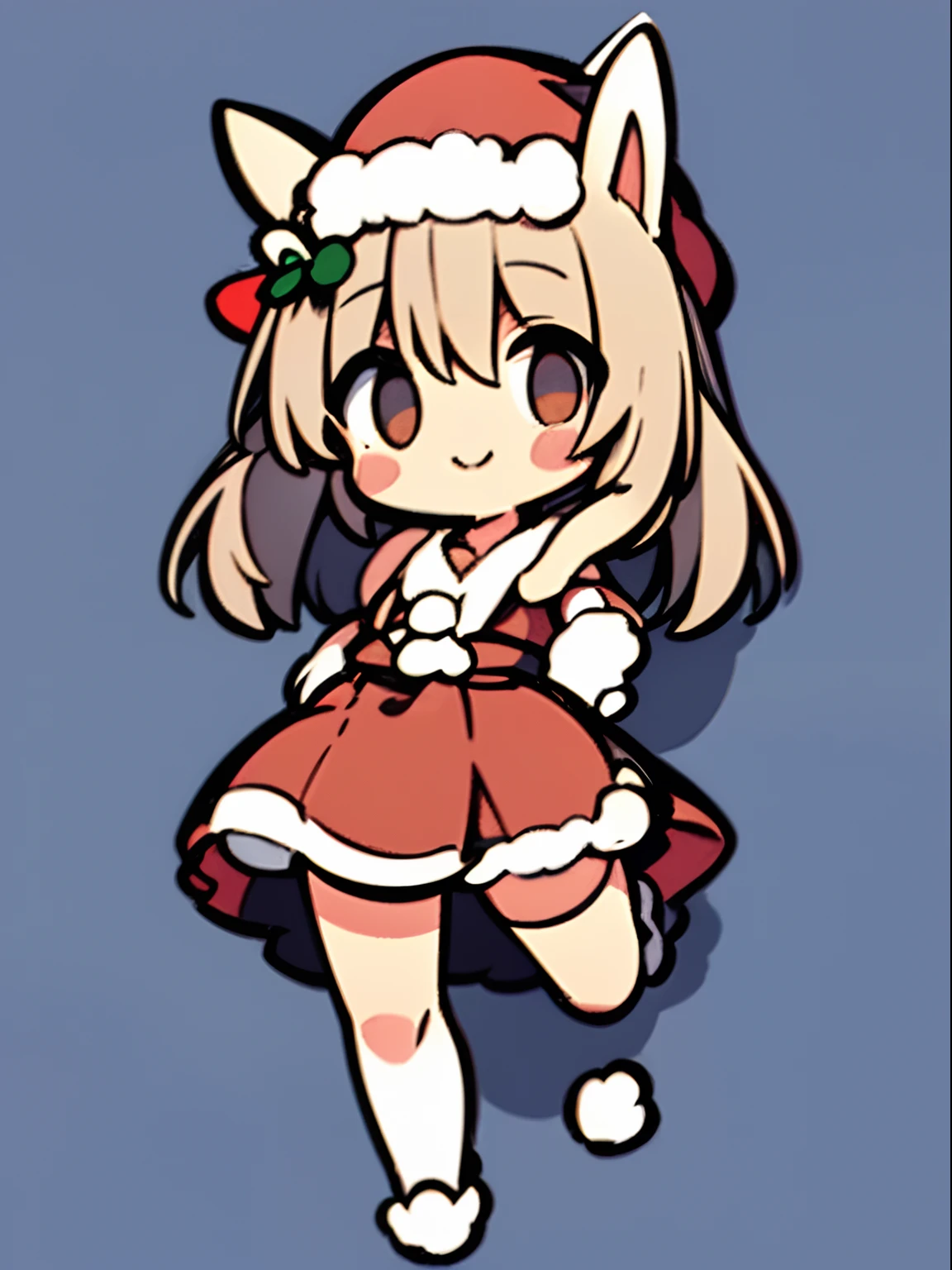 a sticker、top-quality、hight resolution、​masterpiece、8K、Chibi、Silly、1beautiful girl、kawaii、Rabbit ears、Green shorthair、A smile、Santa Claus Costume、They are jumping cutely with their legs up、dynamicposes、Santa Claus hat with rabbit ears、a miniskirt、