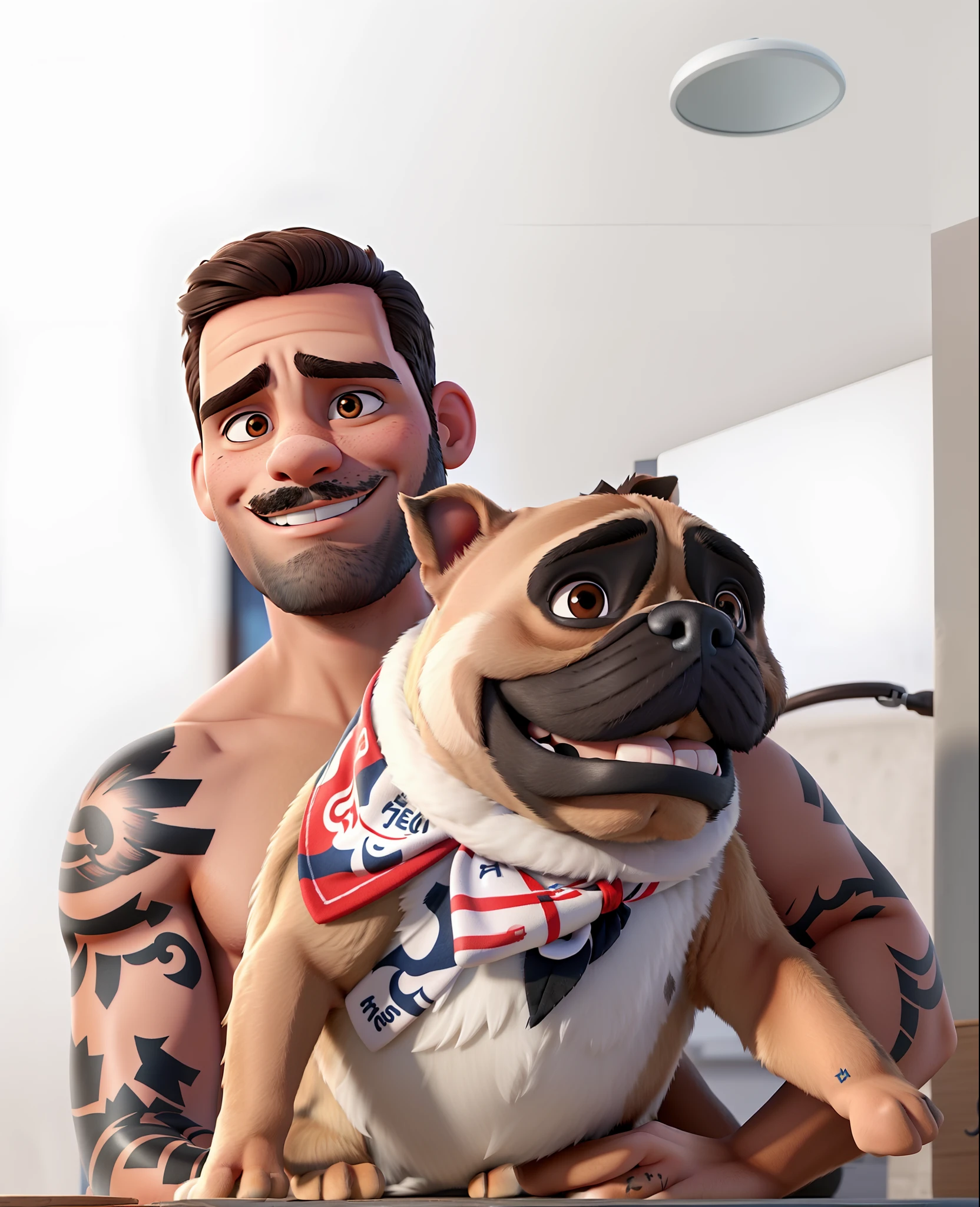 A brunette man holding a bulldog and with a tattoo on his arm in disney style, em alta qualidade, melhor qualidade