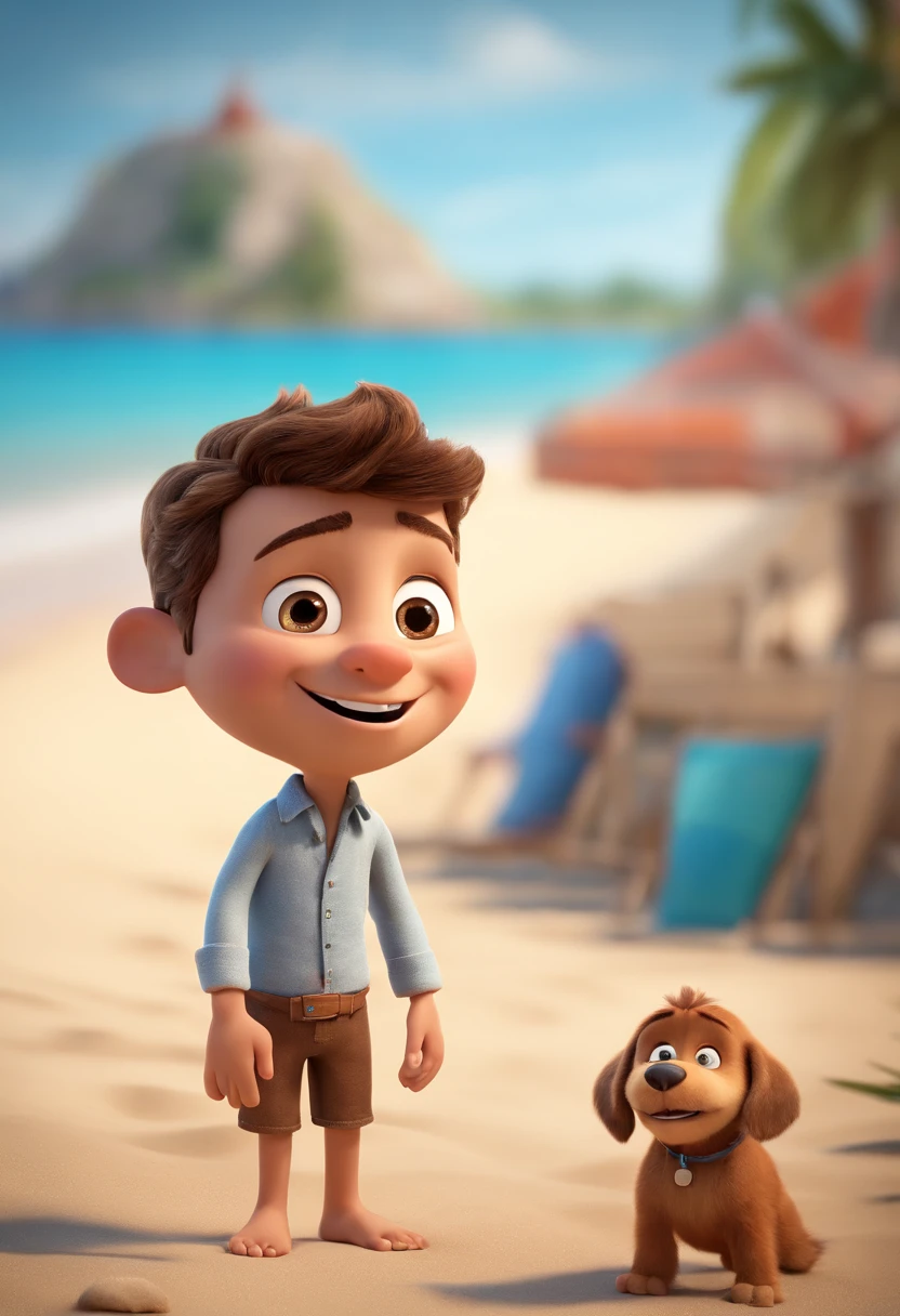 Cartoon-Mann mit braunen Haaren und braunem Bart vor einer Menschenmenge, 3D-Animationsfilm, Animationsfilm, Pixar 3D-Animationsstil, Pixar Renderman Rendering, Maya 8 Tausend, Animationsfilm, Disney Pixar 3D-Stil, With a smile on his face and standing on the beach, Auf einem anderen Foto umarmt derselbe Junge Seine Freundin mit blondem hochgesteckten Haaren