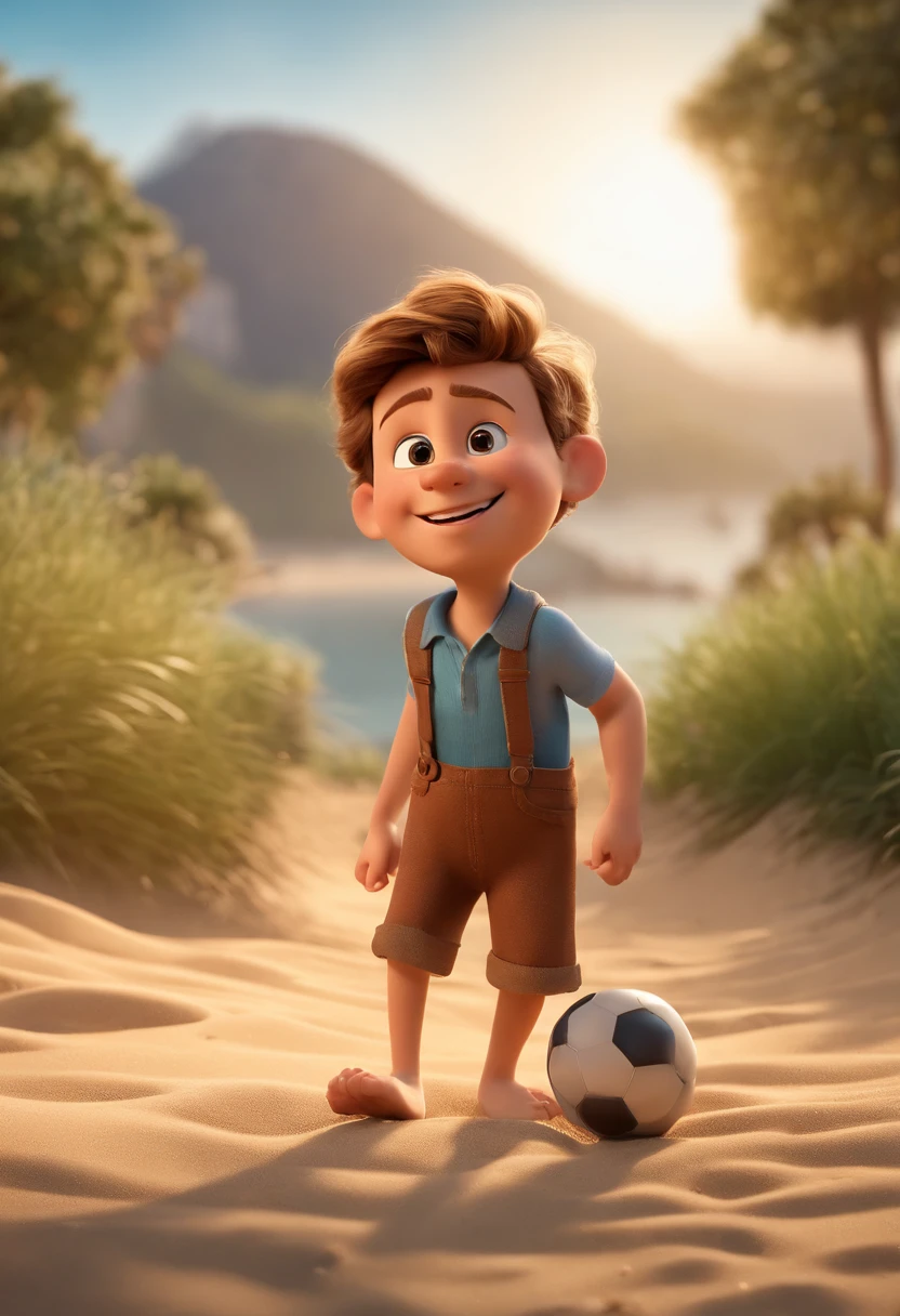 Cartoon-Mann mit braunen Haaren und braunem Bart vor einer Menschenmenge, 3D-Animationsfilm, Animationsfilm, Pixar 3D-Animationsstil, Pixar Renderman Rendering, Maya 8 Tausend, Animationsfilm, Disney Pixar 3D-Stil, With a smile on his face and standing on the beach, Auf einem anderen Foto umarmt derselbe Junge Seine Freundin mit blondem hochgesteckten Haaren