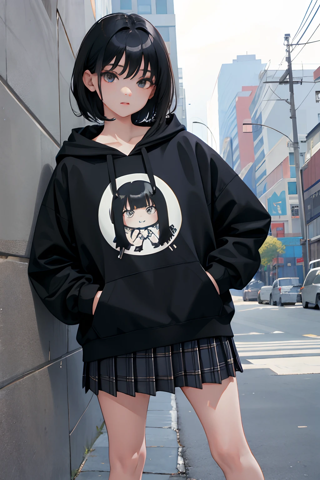 (child),(masterpiece,Highest Quality),Black short-sleeved hoodie,plaid skirts,Sporty,A dark-haired,Spy,stas