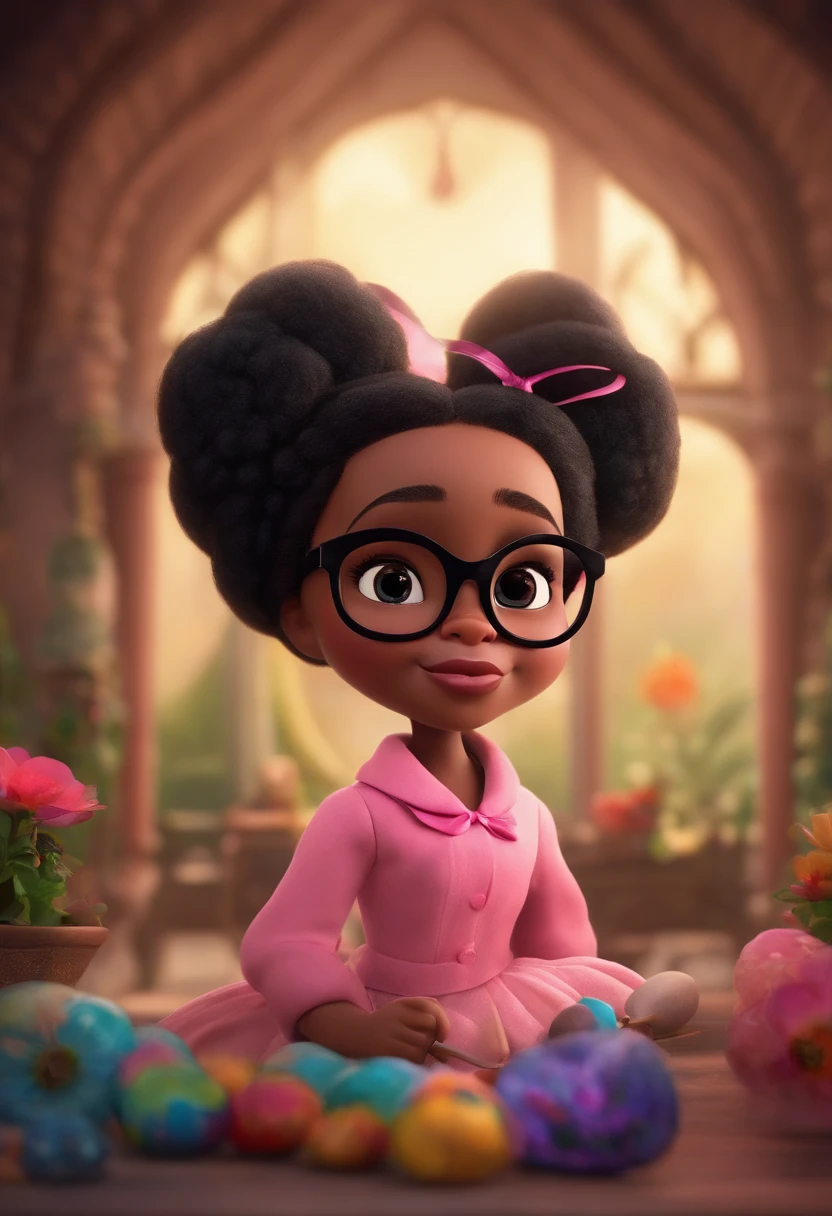 I want a Disney Pixar style photo with weightsArtisan Snage, pele clara, cabelo preto medio, Wear pink bow on head, Black glasses scissors in hands