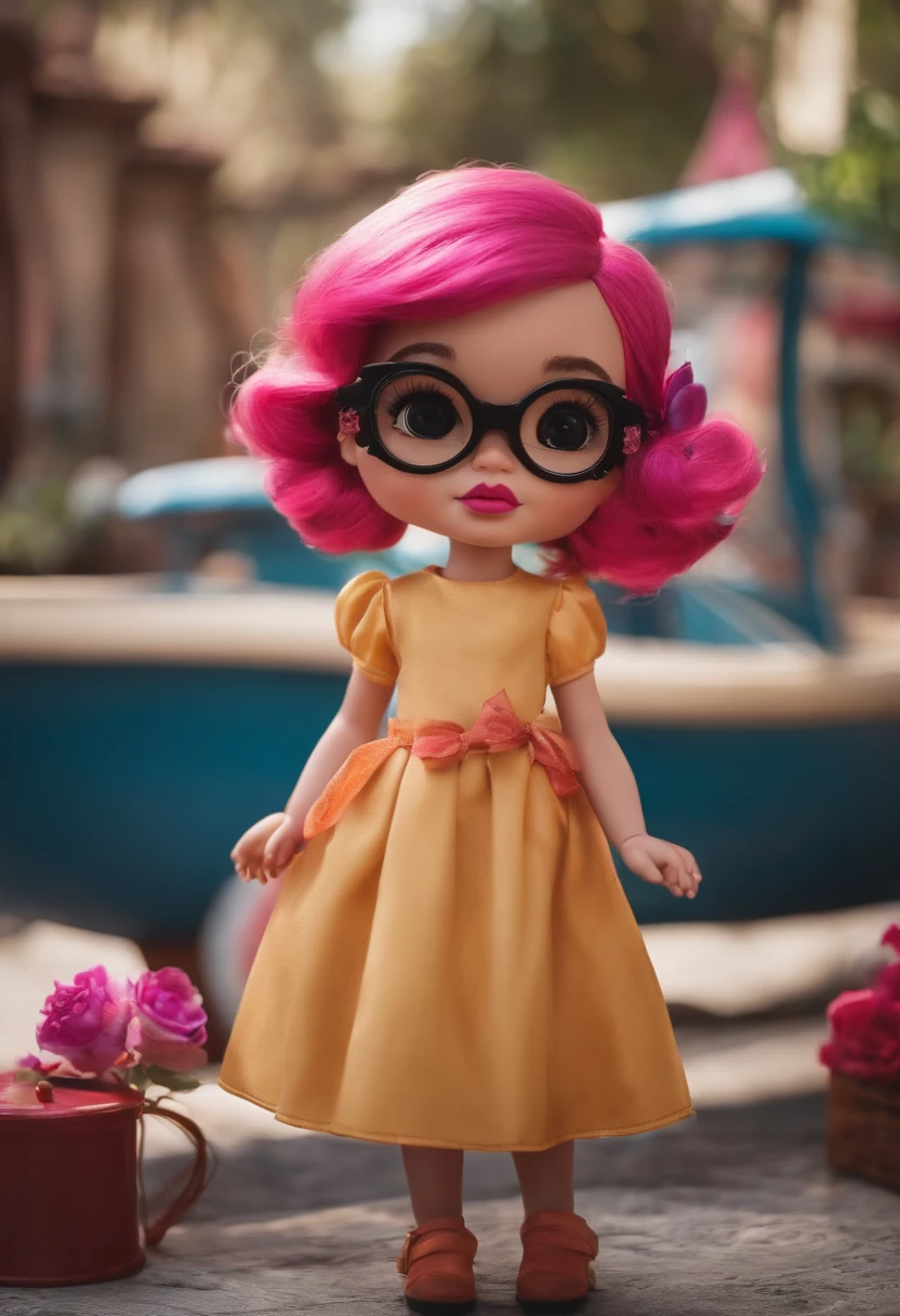 I want a Disney Pixar style photo with weightsArtisan Snage, pele clara, cabelo preto medio, Wear pink bow on head, Black glasses scissors in hands