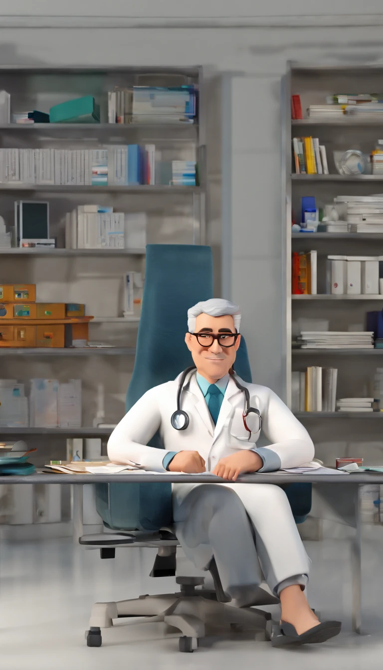 40-year-old man, prescription glasses, gray hair, white coat, stethoscope around his neck, sitting on the chair behind the modern medical table, ready to see a patient, computer and papers on the table, looking straight at the camera