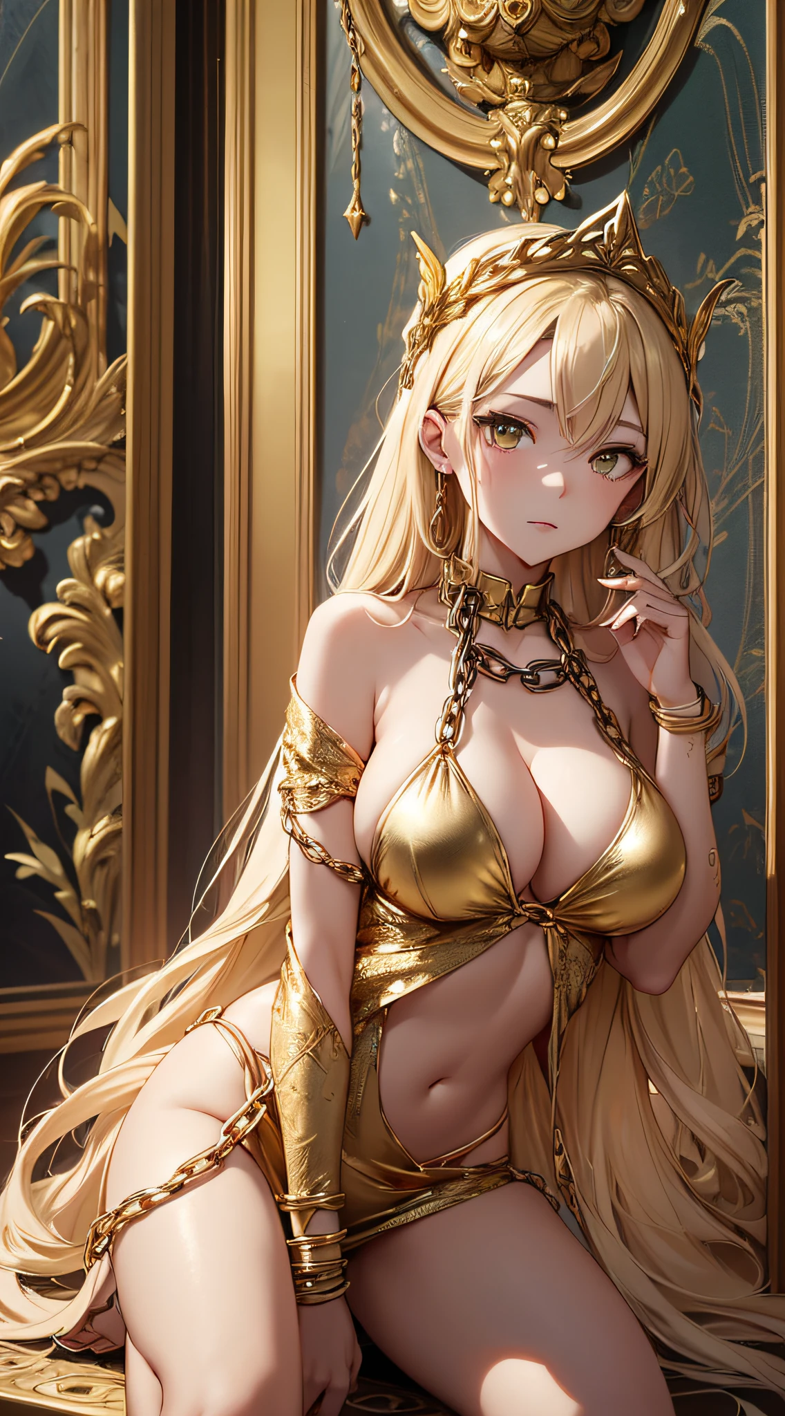 top-quality、Top image quality、​masterpiece、girl with((20yr old、Best Bust、big bast、Bust 85,beautiful golden eyes、Breasts wide open,Blonde long hair、A slender、Large valleys、Gold Bikini、Gold Dress,close range、Lonely face)）hiquality、Beautiful Art、Background with((Luxury Hotels、Large room、Golden Chain、)))masutepiece、visualart、depth of fields、