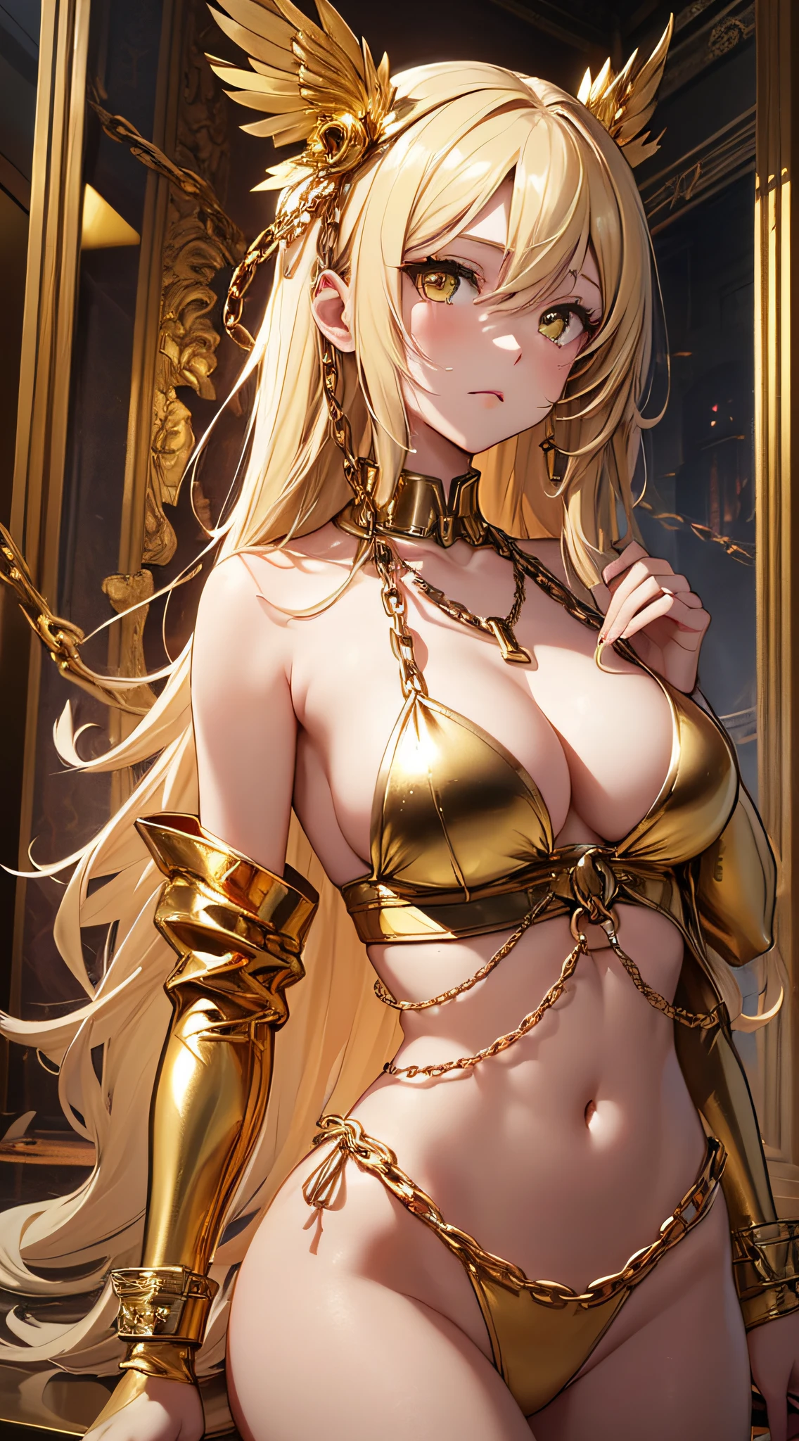 top-quality、Top image quality、​masterpiece、girl with((20yr old、Best Bust、big bast、Bust 85,beautiful golden eyes、Breasts wide open,Blonde long hair、A slender、Large valleys、Gold Bikini、Gold Dress,close range、Lonely face)）hiquality、Beautiful Art、Background with((Luxury Hotels、Large room、Golden Chain、)))masutepiece、visualart、depth of fields、