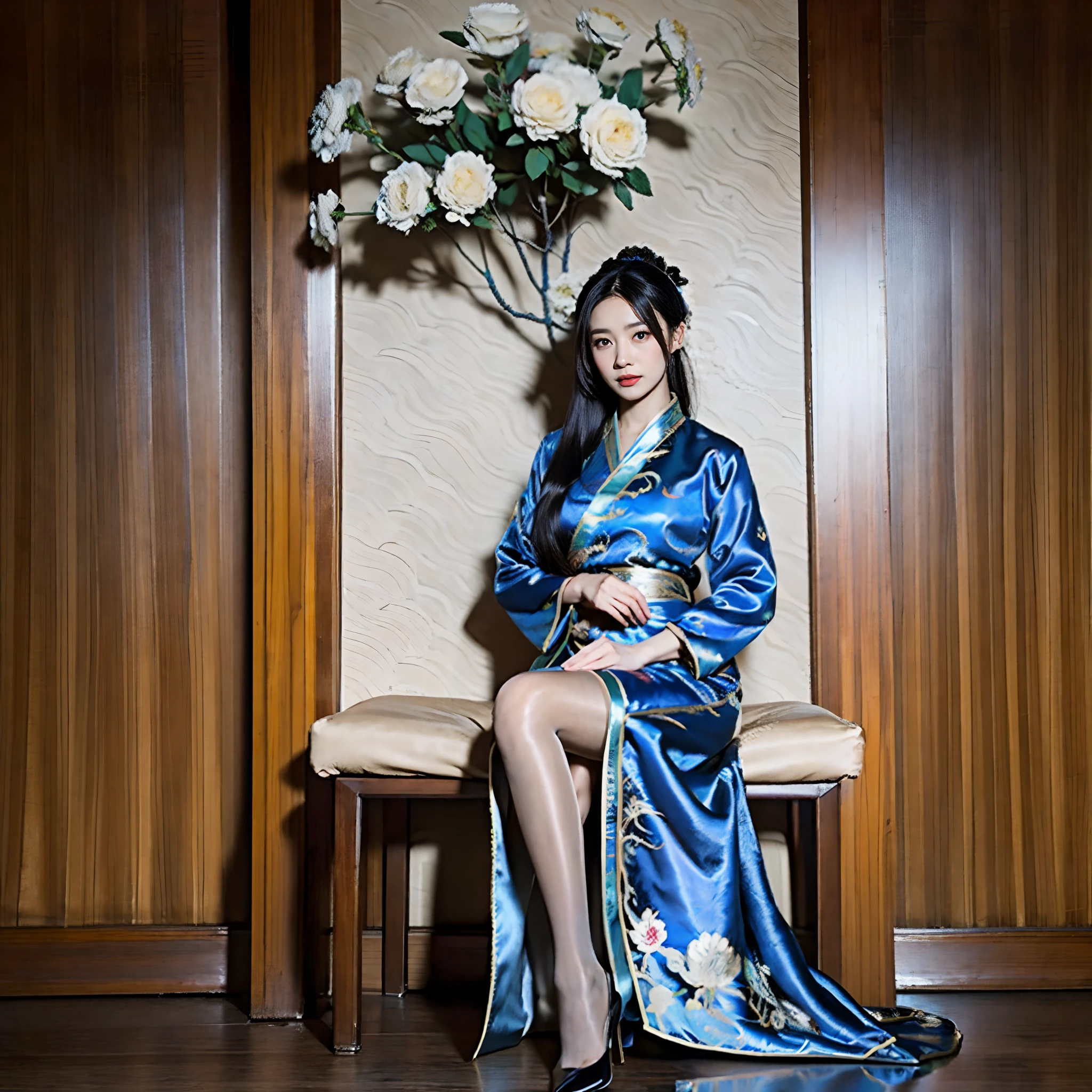A woman in a blue and white dress，Flowers in the hair, Hanfu, Palace, Girl in Hanfu, Blue Hanfu, White Hanfu, wearing ancient Chinese costume, ((beautiful fantasy empress)), Princesa chinesa antiga, Chinese style, Traditional Chinese clothing, Ancient Chinese clothing, beautiful fantasy empress, China Princess, Traditional beauty,Flesh-colored pantyhose