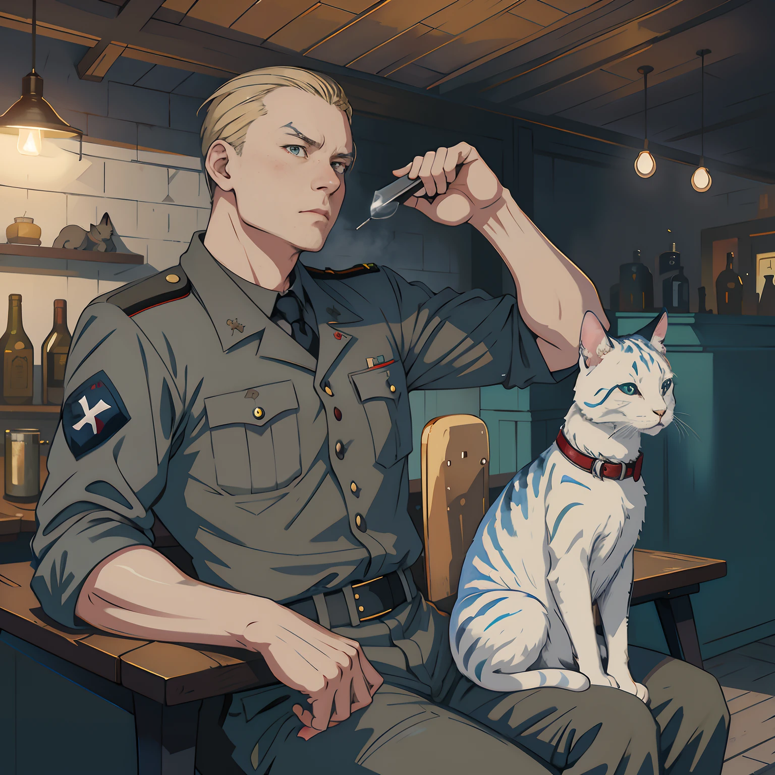 Anime character sitting in a chair with a cat and a cigarette, inspired by Armin Hansen, full color illustration, commission for high res, artwork in the style of guweiz, detailed fanart, anime maid ss military, based on Carl Eugen Kiel, based on Oscar Lüthi, inspired by Adolf Dietrich, full color digital illustration, commission for