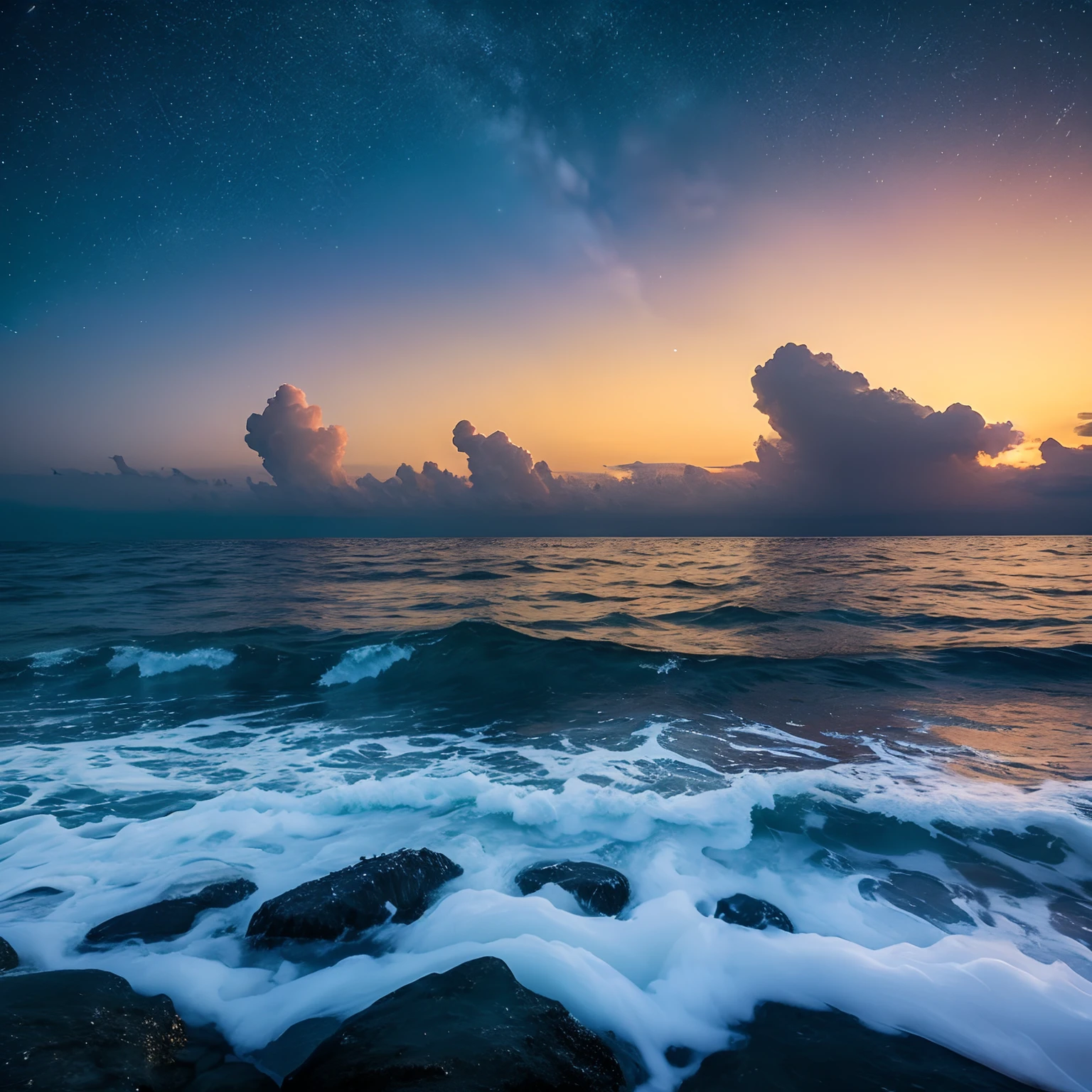the sky is a starry sky、You can see the stars even though it's daytime.、Below is the sea, and there is a town in the sea
