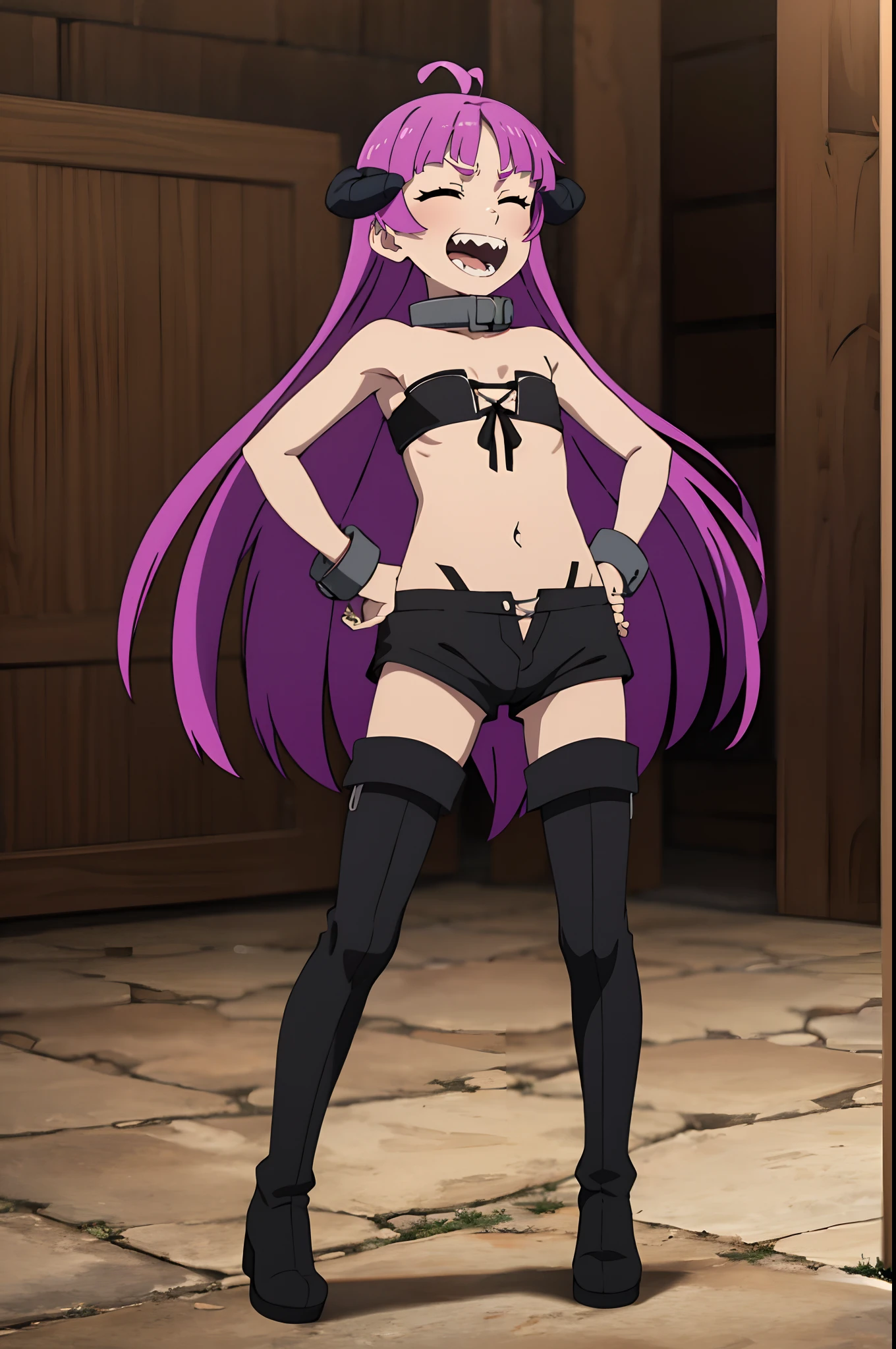 1girl,sharp teeth,solo,long hair,teeth,closed eyes,horns,shorts,chain,black shorts,smile,ahoge,boots,purple hair,navel,open mouth,flat chest,cuffs,hand on hip,bikini,parody,thighhighs,pointing,black footwear,swimsuit,collar,full body,underwear,very long hair,metal collar, to ̧èå¡ ̧éæ ̄,1girl,heterochromia,horns,purple hair,purple eyes,antenna hair,bangs,very long hair,eyelashes, black collar,metal collar,cuffs,navel,front-tie top,bandeau,highleg ,broken chain,flat chest,bare shoulders,midriff,strapless,bare arms,fingernails,shackles,black shorts,short shorts, black footwear,thigh boots,Exquisite visuals,high-definition,masterpiece,best quality,8yo,Youfemale,Beautiful Fingers,Beautiful long legs,Beautiful body,Beautiful Nose,Beautiful character design,perfect eyes,perfect face,expressive eyes, looking at viewer, official art,extremely detailed CG unity 8k wallpaper,perfect lighting,Colorful,Bright_Front_face_Lighting,shiny skin, (masterpiece:1),(best_quality:1),ultra high res,4K,ultra-detailed, photography,8K,HDR,highres,absurdres:1.2,Kodak portra 400,film grain,blurry background,bokeh:1.2,lens flare,(vibrant_color:1.2),(beautiful_face:1.5),(narrow_waist),NSFW,