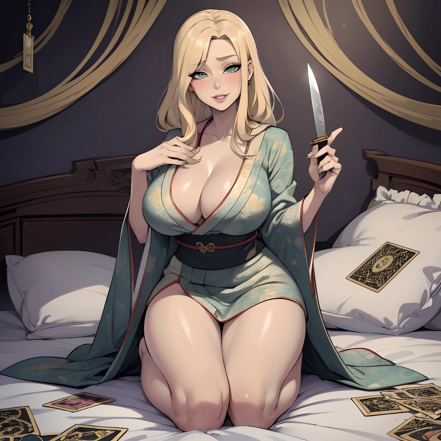 "MASTERPIECE" single female, long blonde hair, green eyes, large chest, patterned kimono, kneeling on bed, seductive smile, blushing, (SOLO), bare legs, cleavage, boobs, shiny silk kimono, pattern kimono, flower in hair, full lips, (shiny), (((1knife on bed))), (((tarot cards on bed))), detailed eyes, detailed lips, detailed face