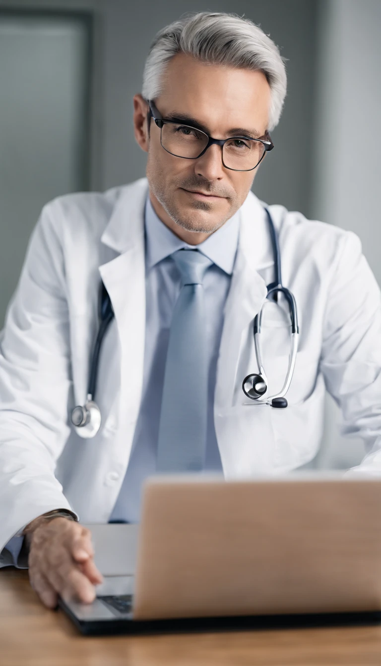 40-year-old man, prescription glasses, gray hair, white coat, stethoscope around his neck, sitting on the chair behind the modern medical table, ready to see a patient, computer and papers on the table, looking straight at the camera