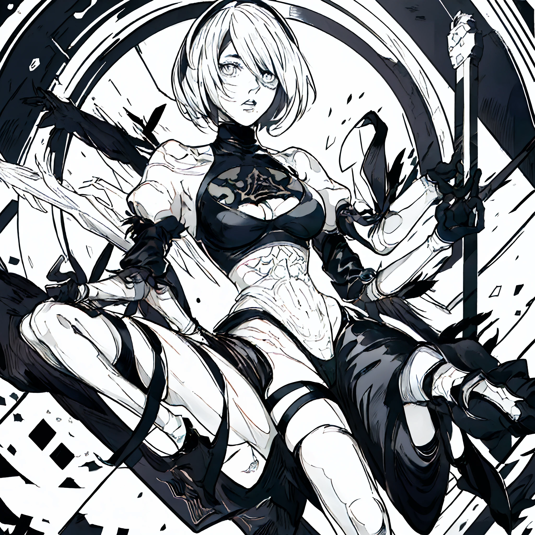 cartoon illustration, black and white, 1girl as 2b solo in a black dress , beautiful face, detailed anime face, nier automata, 2b from nier automata, inked digital, ink and screen tone, thick black lineart, hash, lineart, monochrome, Manga style