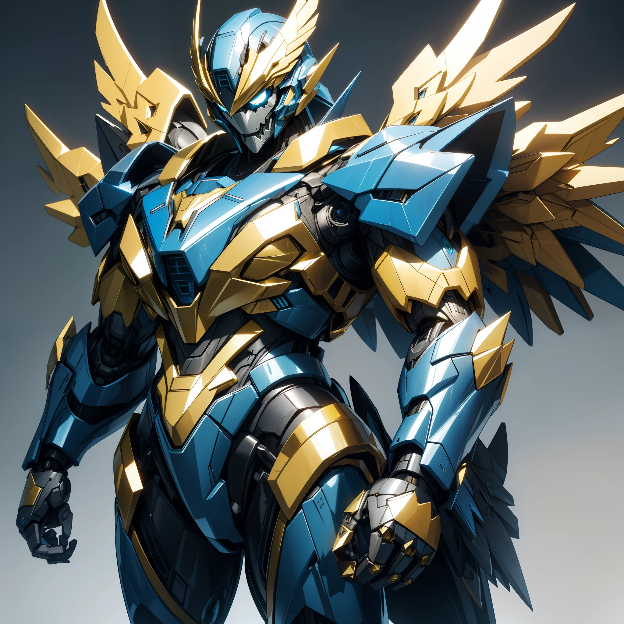 Robotic suit, Eagle shaped blue shiny eyes,suit fully made of metal, metallic eagle shaped wings, yellow colour suit, cyborg, Sharp metallic teeth mouth, standing
