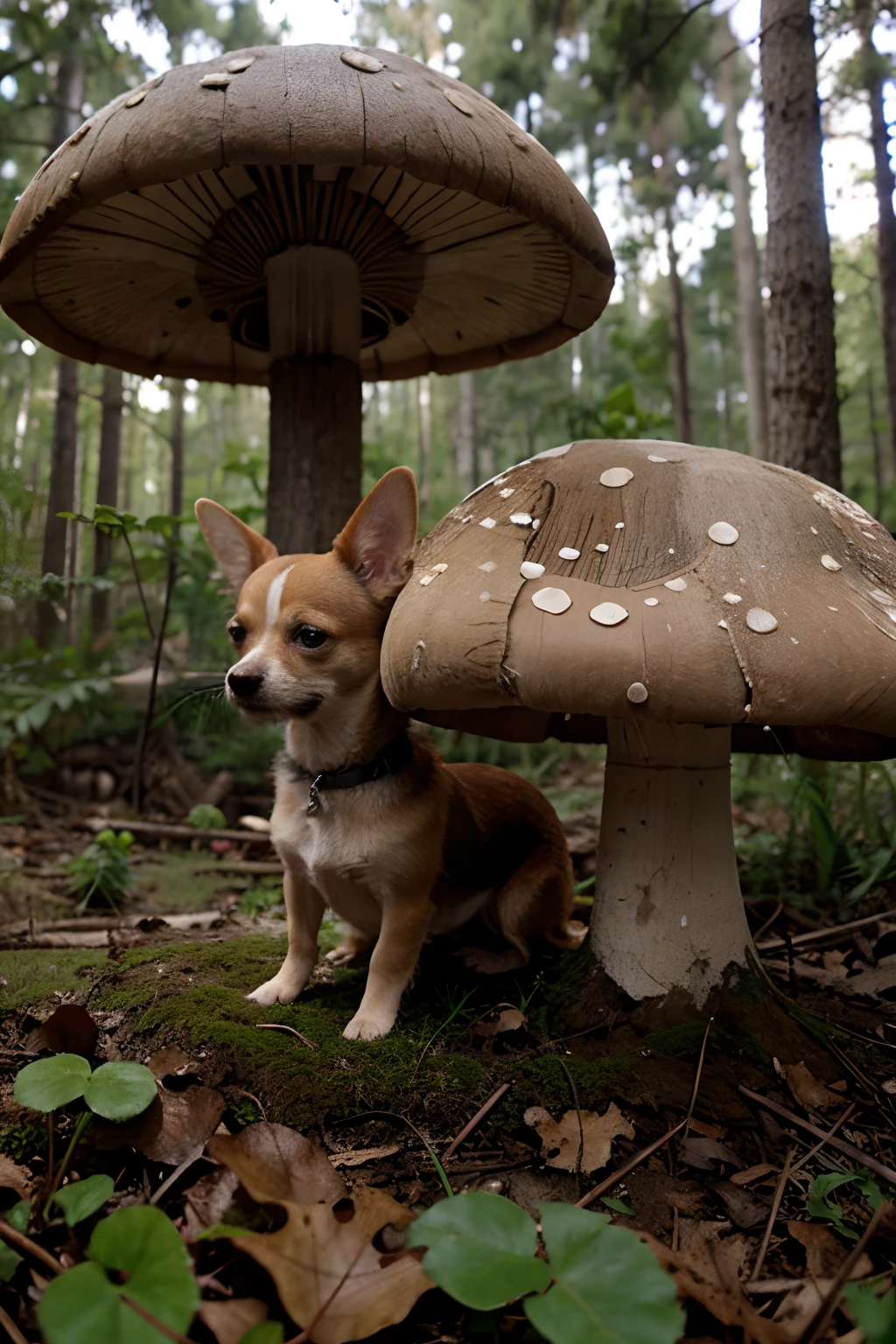 Chihuahua dog under mushroom in the forest